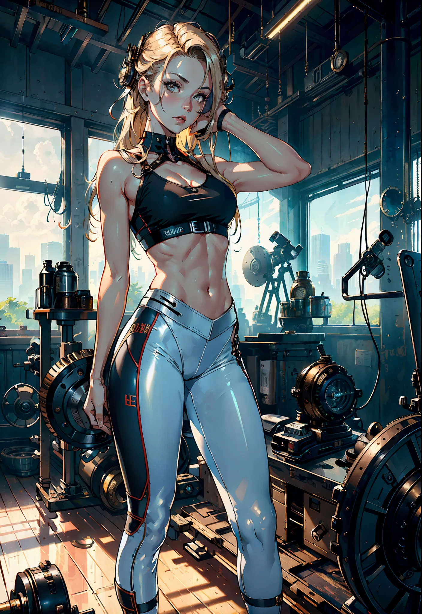 (((steampunk))),(realistic photo taken in a dark studio), (full half body shot), (20 year old girl poses sexy in the gym), sports tights, sports bra, beautiful detailed face, supermodel, (skinny and fit body: 1.1), small breasts, pale skin, long and detailed blonde hair, lots of makeup (realistic shiny skin), masterpiece, best quality, high-resolution scanning (Canon 5d photo, 50mm ZEISS lens), hourglass proportions (8k UHD, HDR, DOF), (professional color graduation), sharp focus, edge illumination, dim lighting, two-tone illumination, dark,