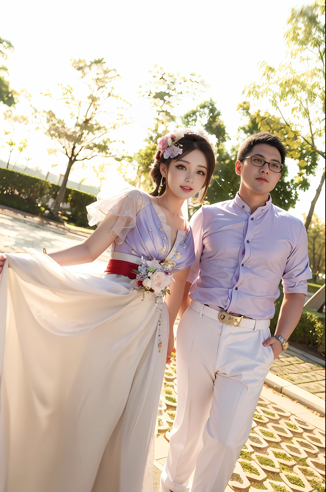 they are standing in a park with a dress draped over, lovely couple, ruan jia and fenghua zhong, taken with canon eos 5 d, wedding photo, ao dai, photo taken with canon 5d, photo 85mm, shot on nikon d 3 2 0 0, taken with a canon eos 5d, taken with a canon eos 5 d