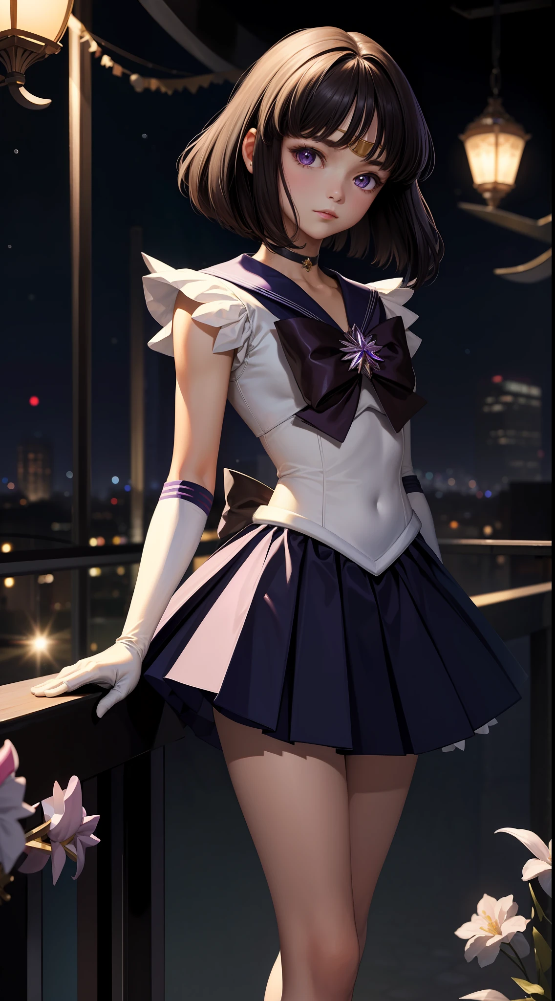 (Masterpiece, best quality: 1.2), solo, 1girl, sailor Saturn, magical girl, shut up, look at the audience, hands on hips, sailor warrior uniform, pleated skirt, elbow gloves, jewelry, brooches, collars, purple eyes,