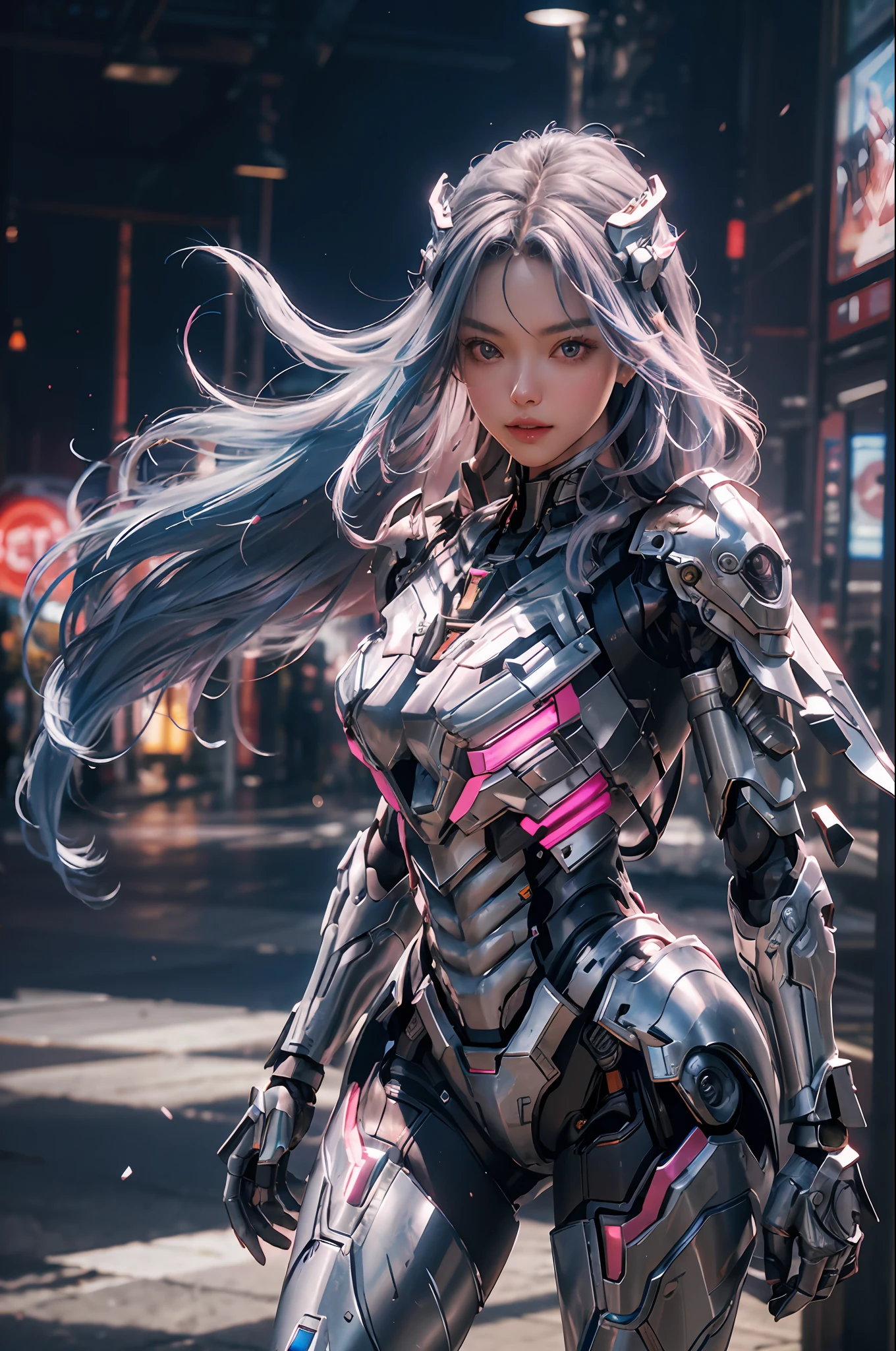 masterpiece, best quality, 1girl, solo, perfect face, looking at viewer, skin tight transparent vinyl, long blue hair, gray eyes, pale skin, shanyaogaoda, mecha,  pink armor with white part,  armor, helmet,  lineart, dimly lit, low key, sharp focus, octane, backlighting, machinery, backlighting, shiny clothes, mechanical legs, thrusters, flying, hair ornament,  high heels, shiny, artist name, standing, thighs, pink eyes, teeth, looking down, armored boots, cyborg, (big mechanical background:1.2), bare shoulders, lips, machine, The view from the bottom up, cosplay, RAW photo, delicate, best quality, (intricate details:1.3), hyper detail, finely detailed, colorful, 8k uhd, film grain, (studio lighting:1.2), (Fujifilm XT3), (photorealistic:1.3), (detailed skin:1.2)ultra high res, outside in the park with lake, best quality, photo, 4k, (photorealistic:1.4)