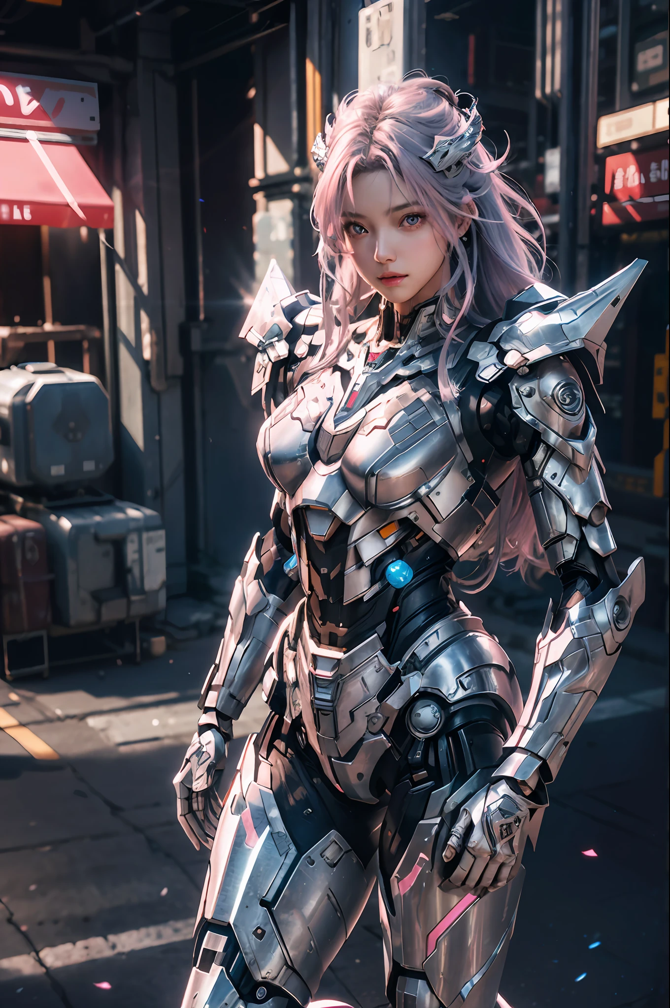 masterpiece, best quality, 1girl, solo, perfect face, looking at viewer, skin tight transparent vinyl, long blue hair, gray eyes, pale skin, shanyaogaoda, mecha,  pink armor with white part,  armor, helmet,  lineart, dimly lit, low key, sharp focus, octane, backlighting, machinery, backlighting, shiny clothes, mechanical legs, thrusters, flying, hair ornament,  high heels, shiny, artist name, standing, thighs, pink eyes, teeth, looking down, armored boots, cyborg, (big mechanical background:1.2), bare shoulders, lips, machine, The view from the bottom up, cosplay, RAW photo, delicate, best quality, (intricate details:1.3), hyper detail, finely detailed, colorful, 8k uhd, film grain, (studio lighting:1.2), (Fujifilm XT3), (photorealistic:1.3), (detailed skin:1.2)ultra high res, outside in the park with lake, best quality, photo, 4k, (photorealistic:1.4)