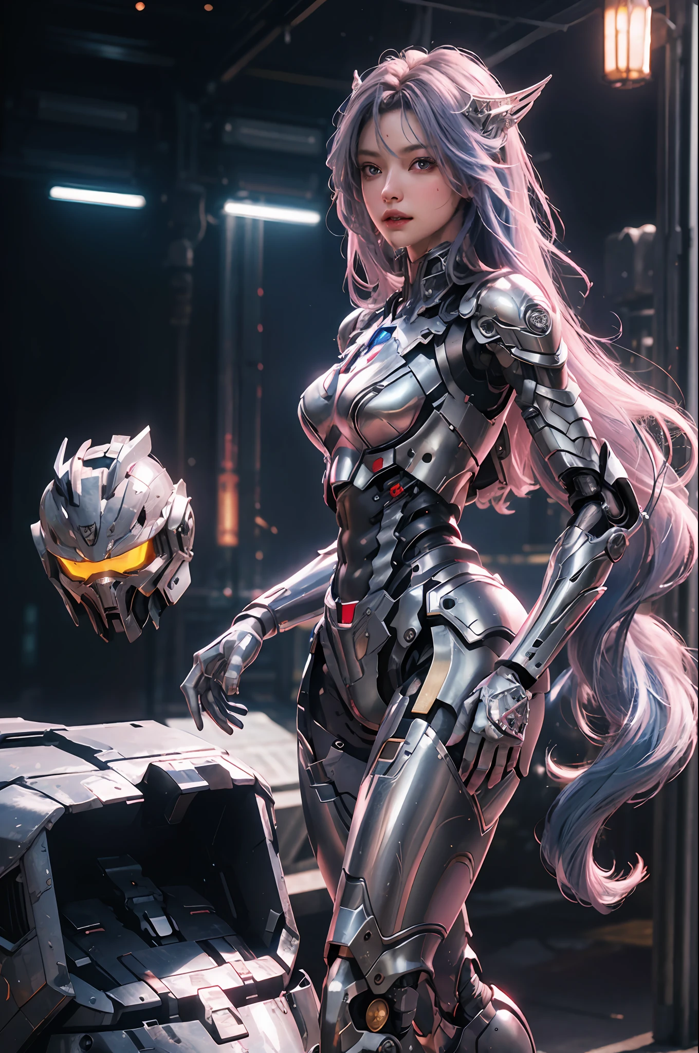 masterpiece, best quality, 1girl, solo, perfect face, looking at viewer, skin tight transparent vinyl, long blue hair, gray eyes, pale skin, shanyaogaoda, mecha, pink armor with white part, armor, helmet, lineart, dimly lit, low key, sharp focus, octane, backlighting, machinery, backlighting, shiny clothes, mechanical legs, thrusters, flying, hair ornament, high heels, shiny, artist name, standing, thighs, pink eyes, teeth, looking down, armored boots, cyborg, (big mechanical background:1.2), bare shoulders, lips, machine, The view from the bottom up, cosplay, RAW photo, delicate, best quality, (intricate details:1.3), hyper detail, finely detailed, colorful, 8k uhd, film grain, (studio lighting:1.2), (Fujifilm XT3), (photorealistic:1.3), (detailed skin:1.2)ultra high res, outside in the park with lake, best quality, photo, 4k, (photorealistic:1.4)