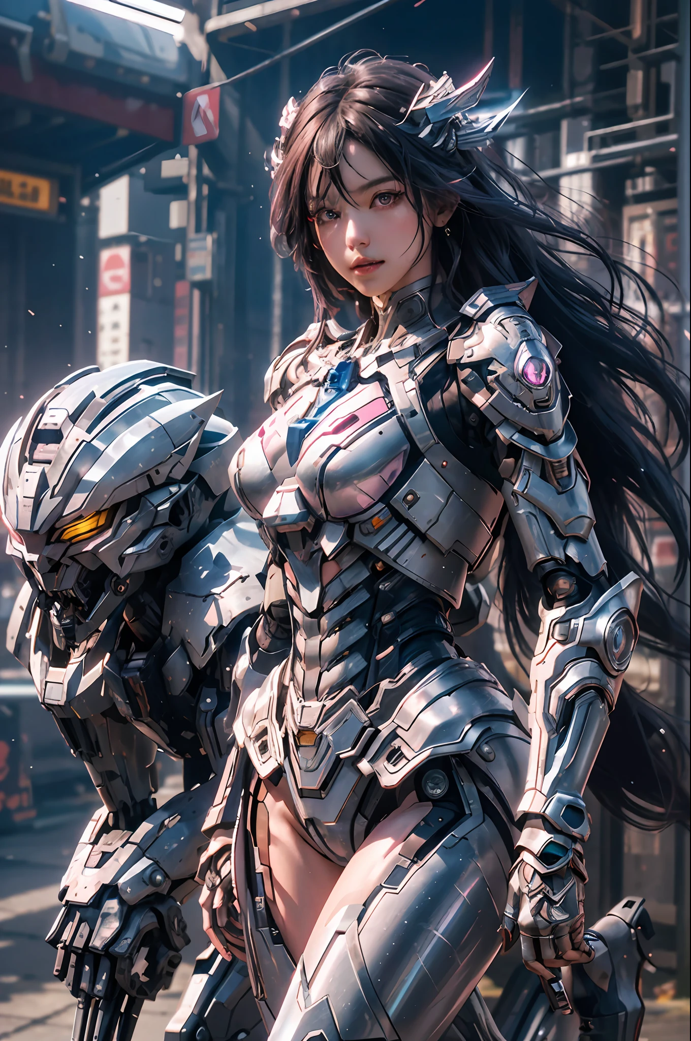 masterpiece, best quality, 1girl, solo, perfect face, looking at viewer, skin tight transparent vinyl, long blue hair, gray eyes, pale skin, shanyaogaoda, mecha, pink armor with white part, armor, helmet, lineart, dimly lit, low key, sharp focus, octane, backlighting, machinery, backlighting, shiny clothes, mechanical legs, thrusters, flying, hair ornament, high heels, shiny, artist name, standing, thighs, pink eyes, teeth, looking down, armored boots, cyborg, (big mechanical background:1.2), bare shoulders, lips, machine, The view from the bottom up, cosplay, RAW photo, delicate, best quality, (intricate details:1.3), hyper detail, finely detailed, colorful, 8k uhd, film grain, (studio lighting:1.2), (Fujifilm XT3), (photorealistic:1.3), (detailed skin:1.2)ultra high res, outside in the park with lake, best quality, photo, 4k, (photorealistic:1.4)