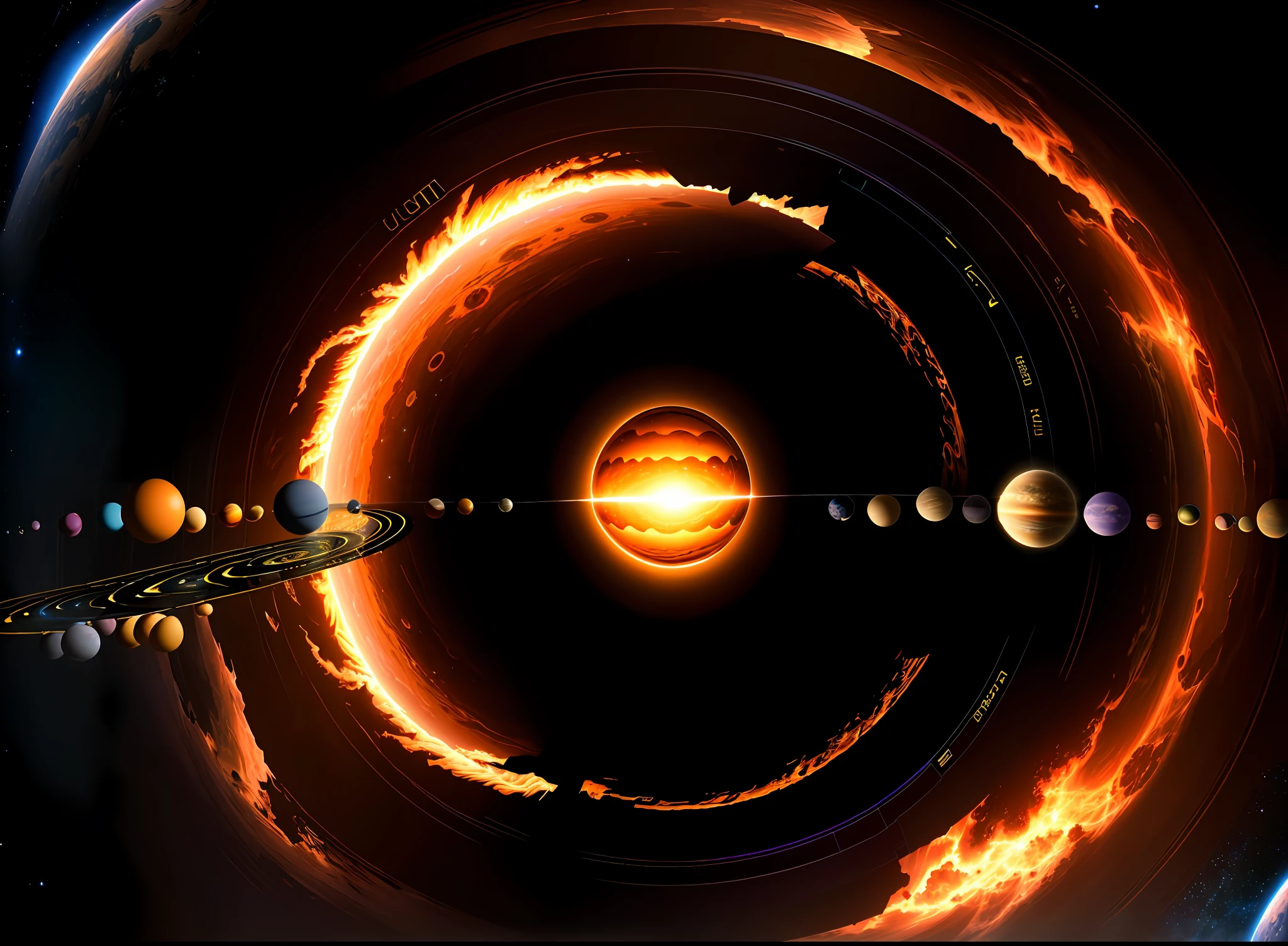 ((masterpiece))), 8k wallpaper of ultra-detailed CG unit of best quality, the solar system through a black hole, universal portal