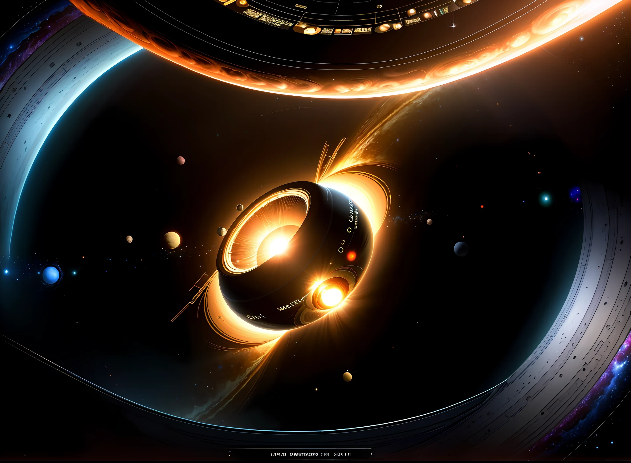 ((masterpiece))), 8k wallpaper of ultra-detailed CG unit of best quality, the solar system through a black hole, universal portal