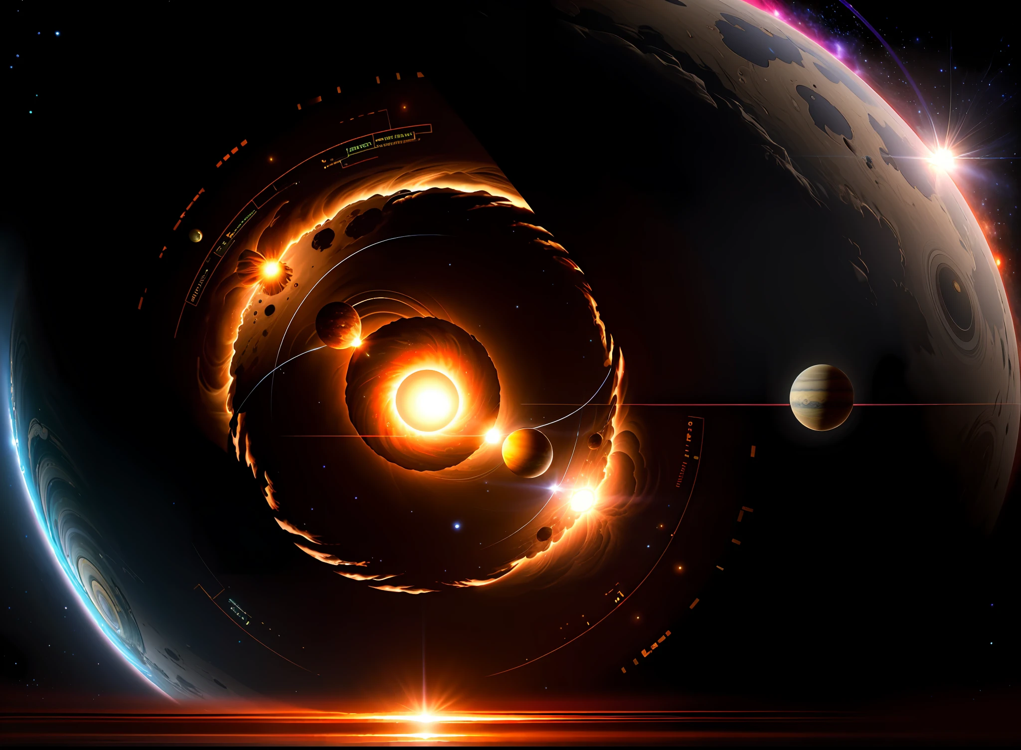 ((masterpiece))), 8k wallpaper of ultra-detailed CG unit of best quality, the solar system through a black hole, universal portal
