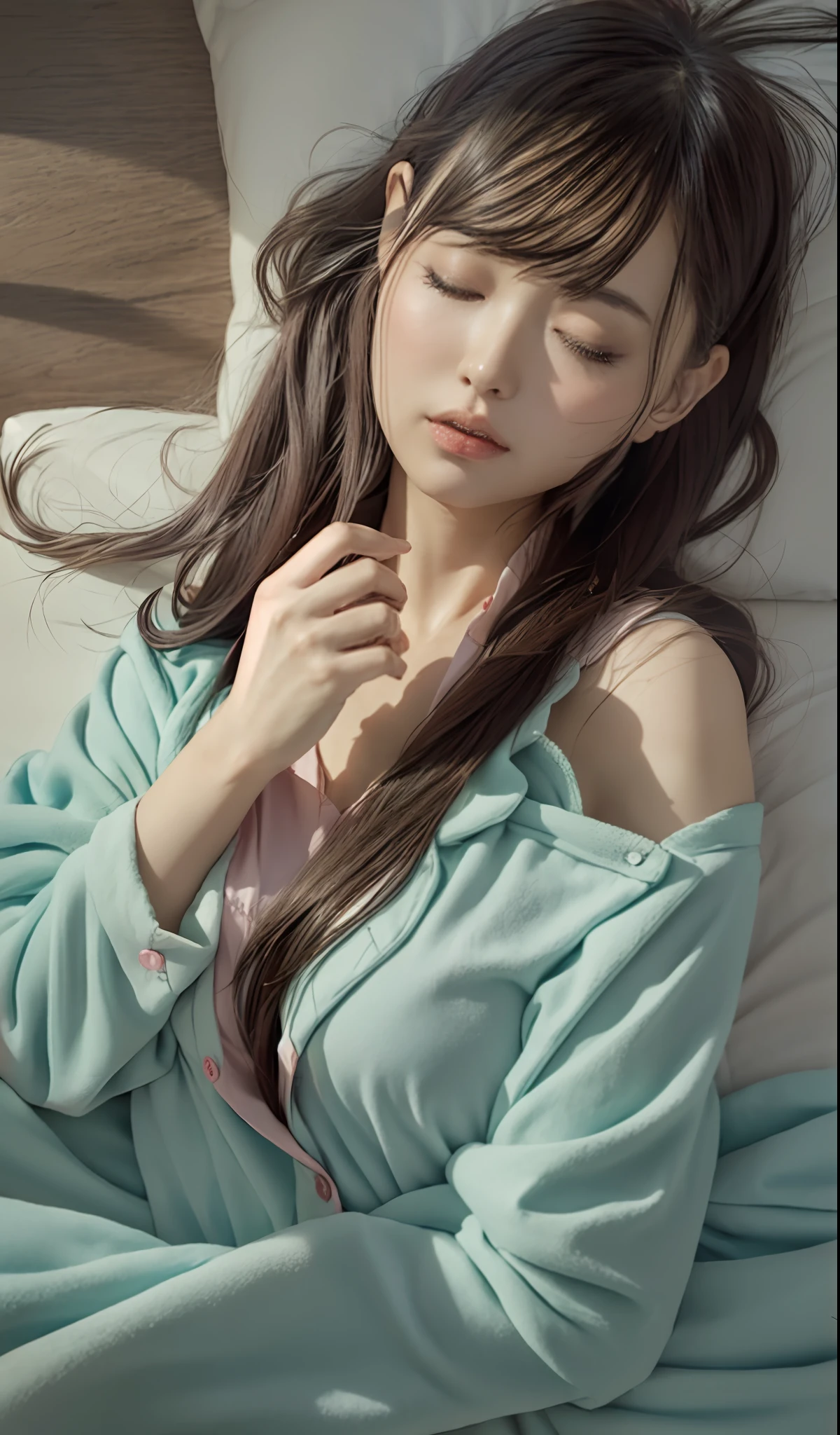 araffe woman laying on a bed with her eyes closed, photorealistic anime girl render, smooth anime cg art, render of april, ig model | artgerm, wearing pajamas, 3 d anime realistic, style artgerm, soft anime illustration, ! dream artgerm, photorealistic artstyle, realistic anime 3 d style, realistic artstyle