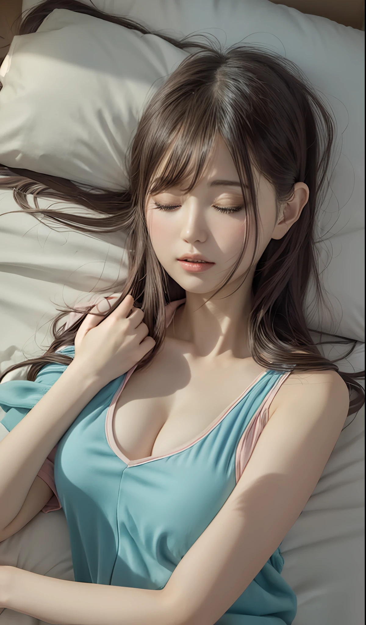 araffe woman laying on a bed with her eyes closed, photorealistic anime girl render, smooth anime cg art, render of april, ig model | artgerm, wearing pajamas, 3 d anime realistic, style artgerm, soft anime illustration, ! dream artgerm, photorealistic artstyle, realistic anime 3 d style, realistic artstyle