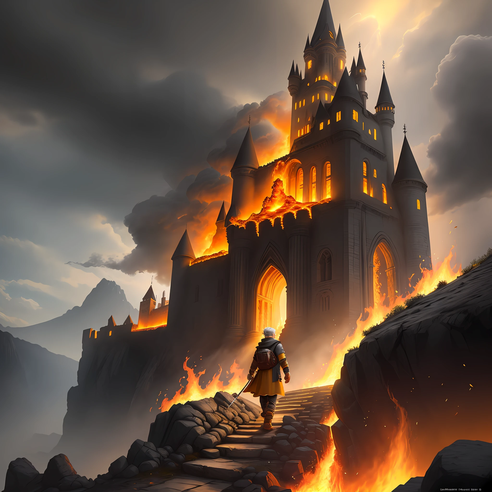 Guy 18 years old, gray hair, yellow eyes, ulvbka, steps, lava, fire, castle in the rock, high definition, detail, realism, fantasy, 8kk