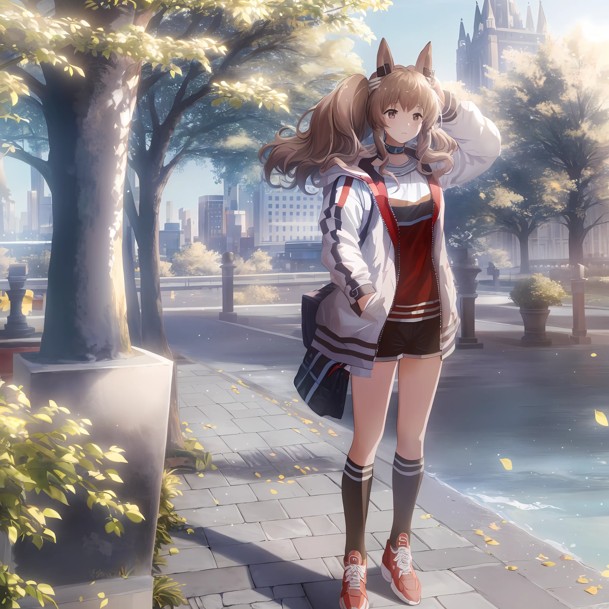 (masterpiece), 4k, 8k, highres, high resolution, beautiful, anime, amazing, girl, standing in city park, hands in pocket, hair waving in wind, view from below, animal ears, white coat, white kneesocks,