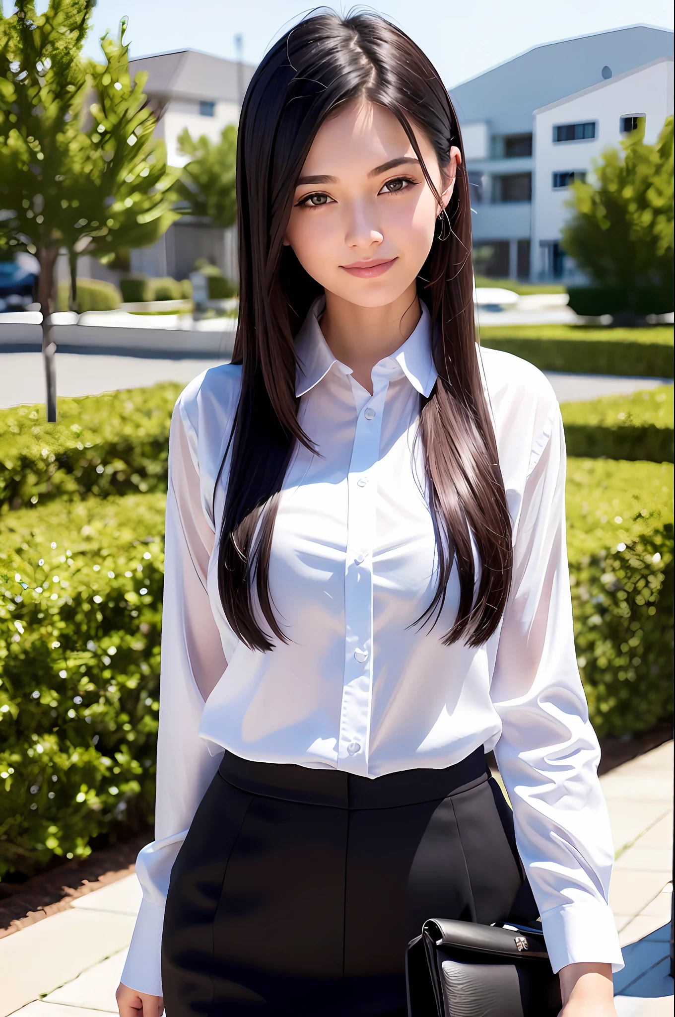 (8k, top quality, masterpiece: 1.2), (realistic, photorealistic: 1.37), super detailed, girl 1 person, black hair, 18 years old, beautiful face, soft expression, happy smile, alone, beautiful detailed sky, detailed café, (blush), (smile: 2.5),medium breasts,beautiful fine eyes,(shirt with collar:1.1),business wear,(middle hair:1.2),floating hair NovaFrogStyle,