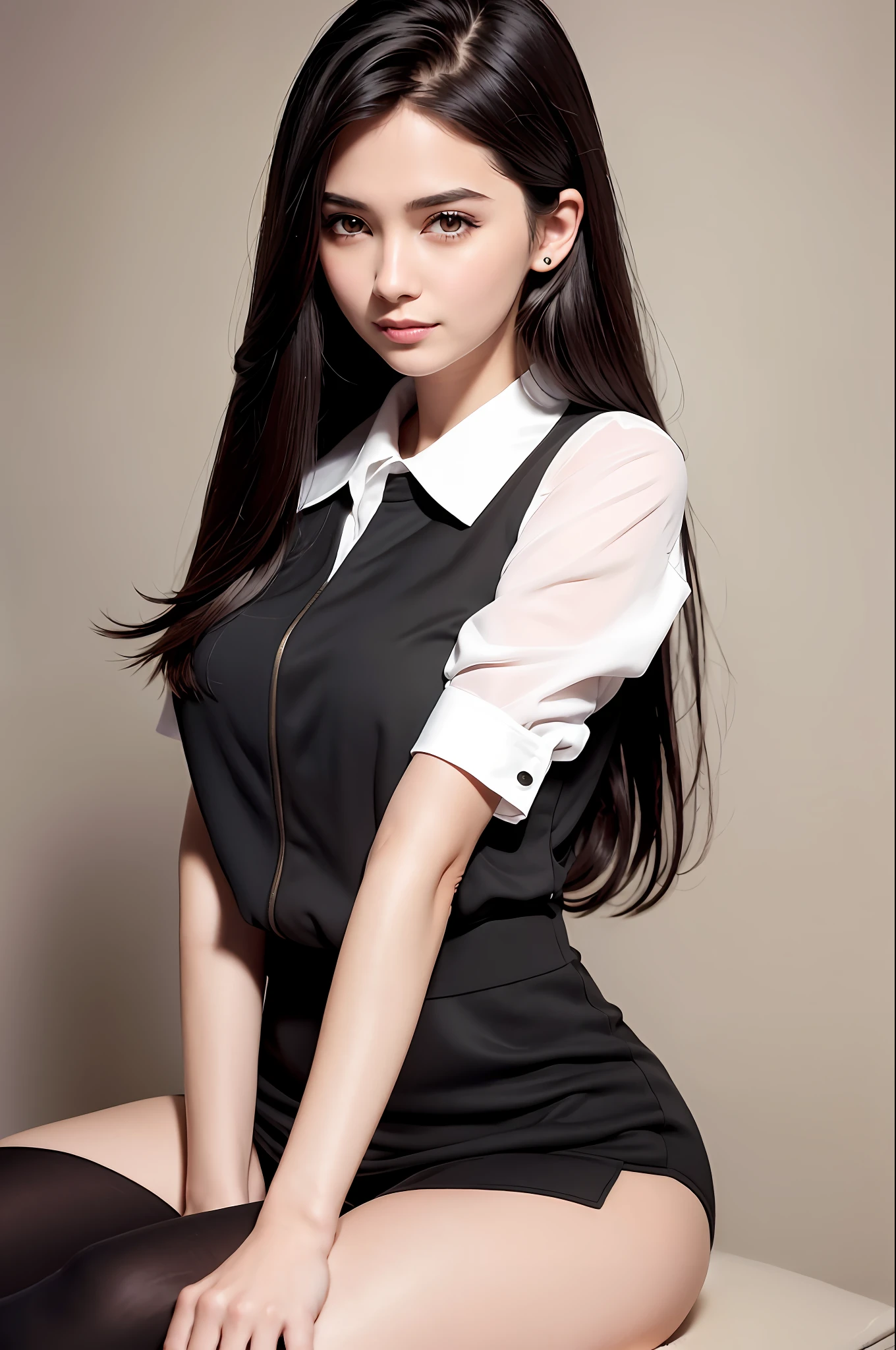 (8k, top quality, masterpiece: 1.2), (realistic, photorealistic: 1.37), super detailed, girl 1 person, black hair, 18 years old, beautiful face, soft expression, happy smile, alone, beautiful detailed sky, detailed café, (blush), (smile: 2.5),medium breasts,beautiful fine eyes,(shirt with collar:1.1),business wear,(middle hair:1.2),floating hair NovaFrogStyle,