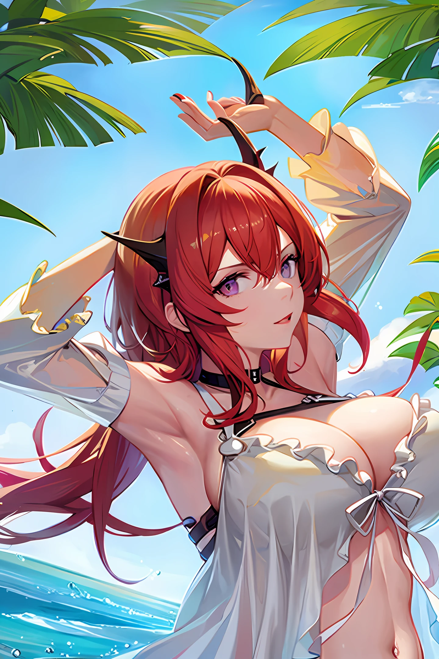 1 woman, red hair, yellow eyes, big, black bikini, beach background, brown skin, hands on chest