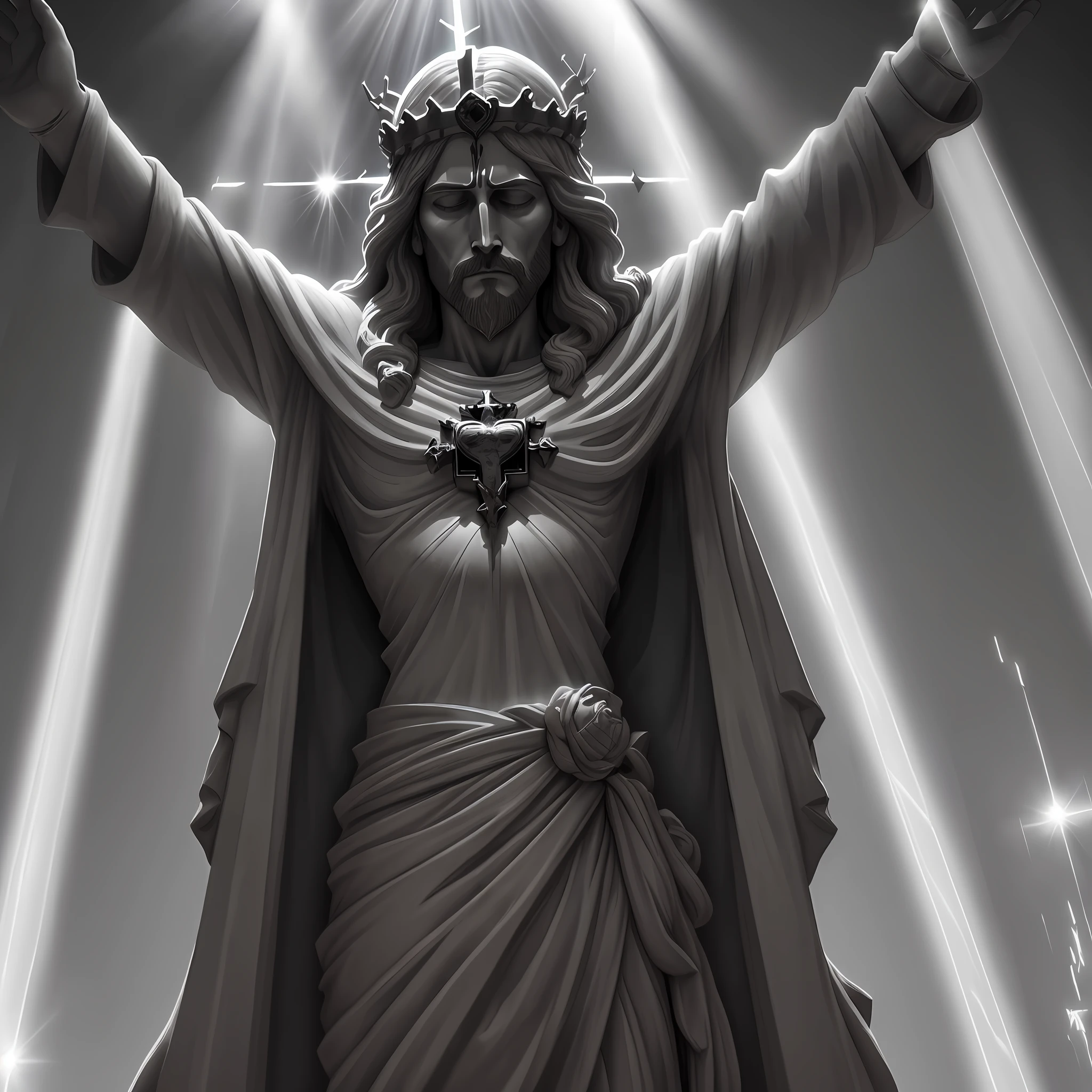 a statue of Jesus Christ, crown of thorns, eyes closed, tears sliding in the eyes, blood running down the face, suffering features, (with beams of light in the background:1.4), sacred heart in the chest, Clint Cearley, a marble sculpture, thin, wooden cross in the background (cinematic:1.4), slate gray atmosphere, hyperdetailed, soft tones, insane details, low contrast,