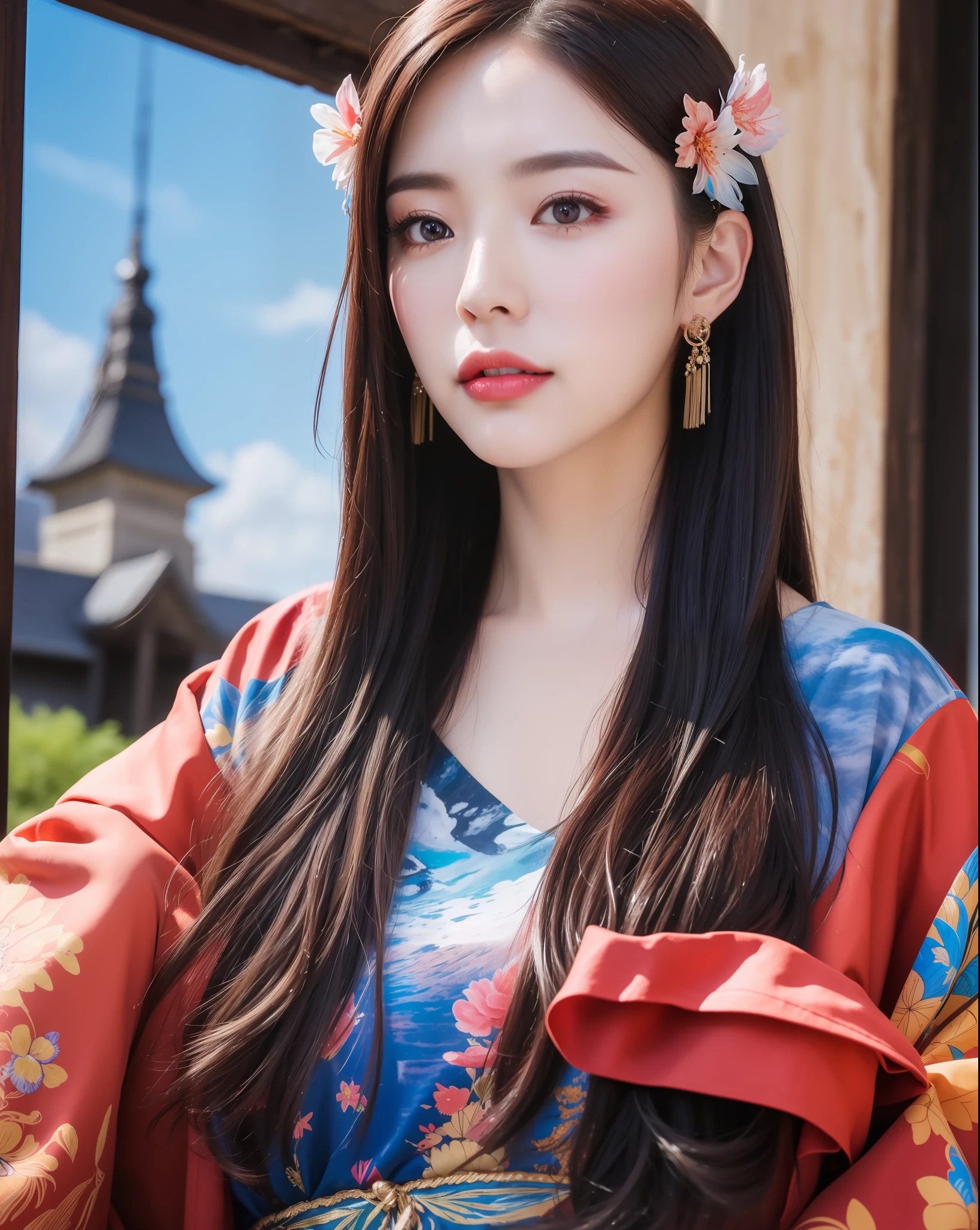 (8k, RAW photo:1.2),best quality, ultra high res,dramatic angle,(fluttered detailed color splashs), (illustration),(((1 girl))),(long hair),(rain:0.9),(hair ornament:1.4),there is an ancient palace beside the girl,chinese clothes,(focus on), color Ink wash painting,(color splashing),colorful splashing,(((colorful))),(sketch:0.8), Masterpiece,best quality, beautifully painted,highly detailed,(denoising:0.6),[splash ink],((ink refraction)), (beautiful detailed sky),moon,highly,detaild,(masterpiece, best quality, extremely detailed CG unity 8k wallpaper,masterpiece, best quality, ultra-detailed),(Lycoris radiata),