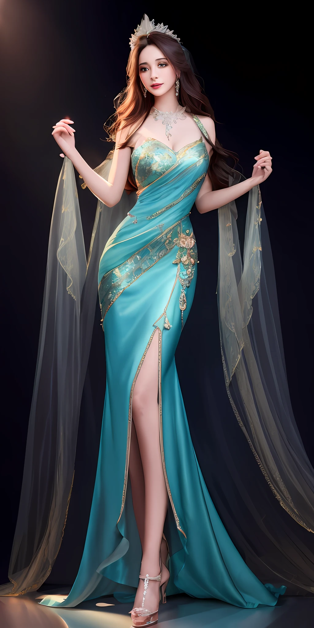 arafed woman in a blue dress,beautiful face, with a veil and a tiable, elegant glamor pose, flowing gown, elegant evening gowns!, cgsociety 9, stunning elegant pose, cgsociety - w 1 0 2 4 - n 8 - i, night dress, ((a beautiful  empress)), sexy gown, dressed beautiful gown,  long intricate gown