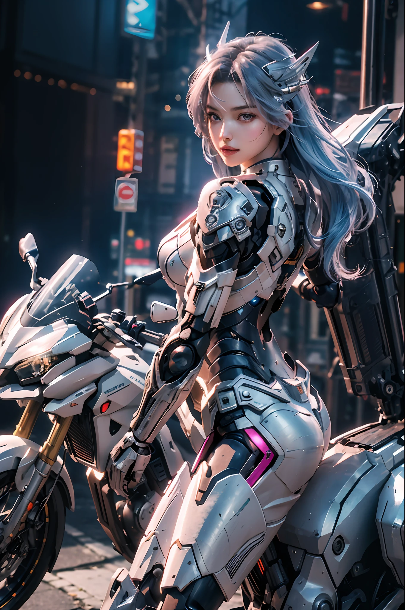 masterpiece, best quality, 1 girl riding a motorcycle, solo, perfect face, looking at the audience, skin tight transparent vinyl, long blue hair, gray eyes, pale skin, mountain glory gundam, mecha, pink armor with white parts, armor, helmet, line art, dim light, understated, sharp focus, octane, backlight, mechanical, backlight, shiny clothes, mechanical legs, thrusters, flying, hair accessory, high heels, shiny, artist name, standing, thighs, pink eyes, teeth, looking down, armored boots, cyborg, (big mechanical background:1.2), bare shoulders, lips, machine, bottom-up view, cosplay, raw photos, refined, best quality, (intricate details:1.3), hyper detail, fine detail, colorful, 8k UHD, film grain, (studio lighting: 1.2), (Fujifilm XT3), (realistic:1.3), (detailed skin: 1.2) super high resolution, lake outside the park, best quality, photos, 4K, (Realistic: 1.4)
