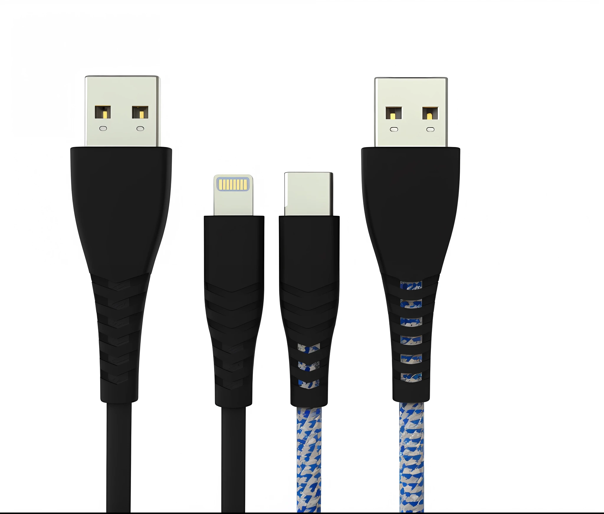a close up of a black and blue cable with a white and black one, cables, braided cable, black wired cables, cable, cords, cable plugged in, product render, has cables, 3 d product render, product introduction photo, product design render, product design shot, cable wires, product photo, 3d product, usb ports, blue-black