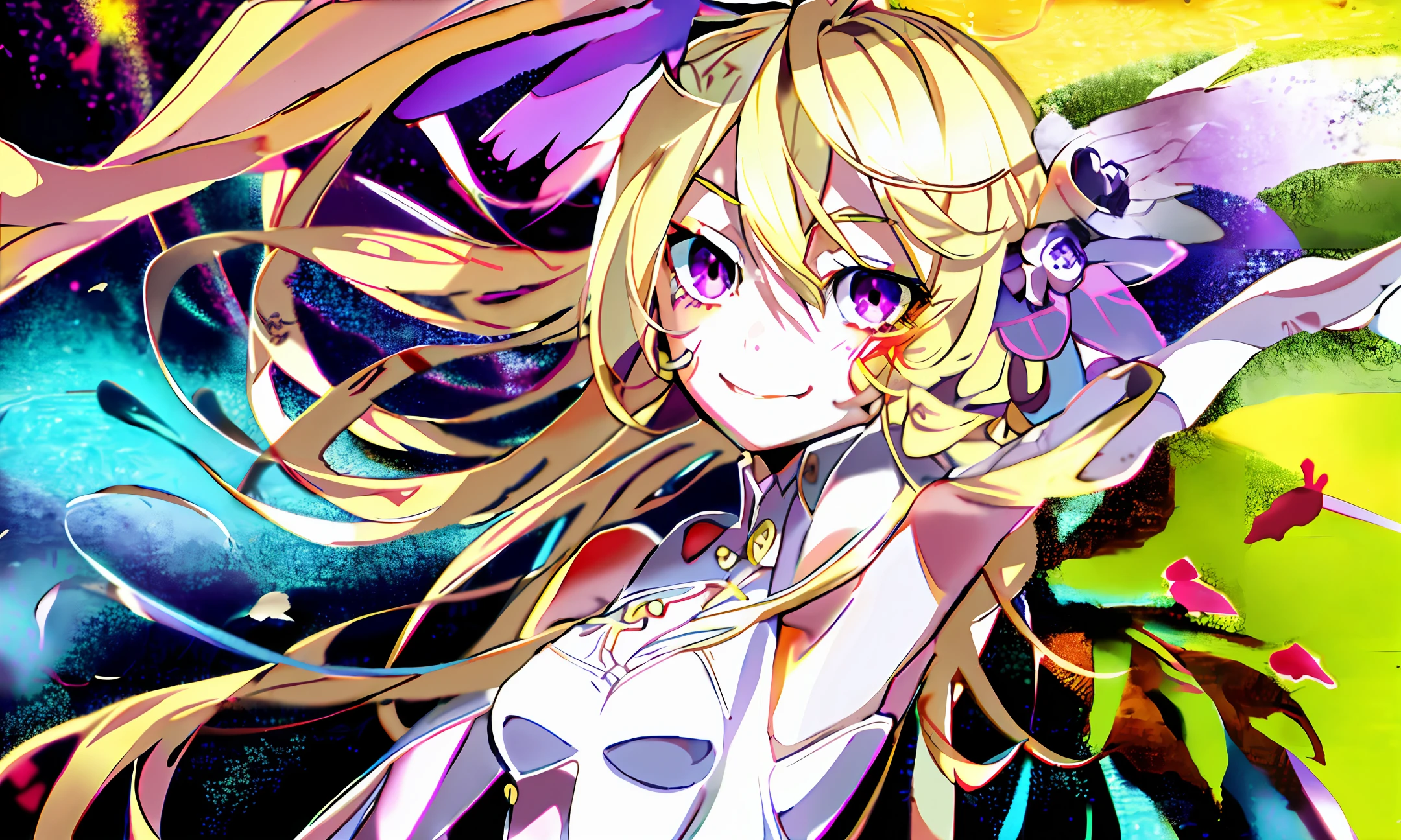 Light blonde hair 2d anime girl with violet eyes, broken angel wings in the back, bleeding purple glitter