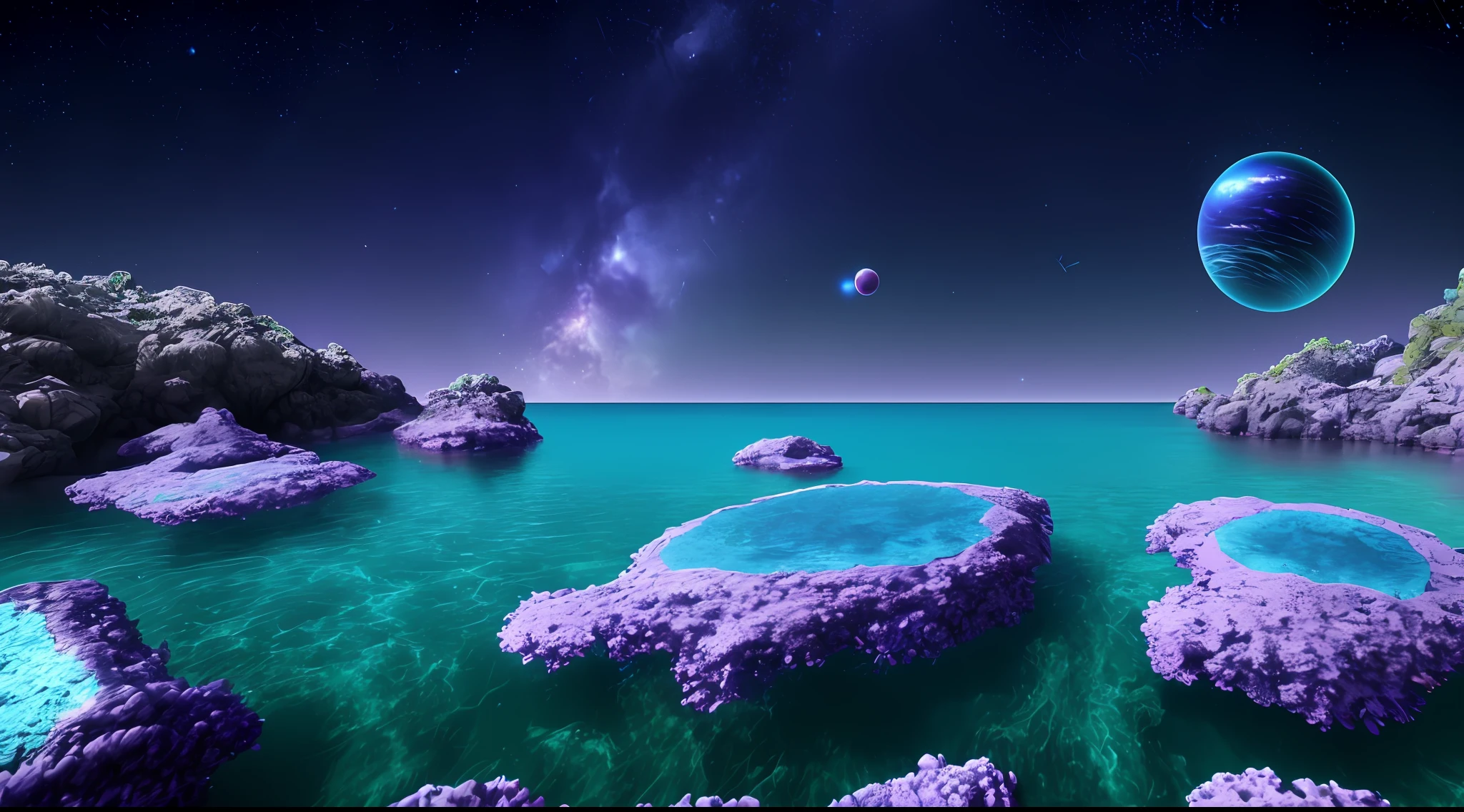 soft waves of (blue ocean) on the alien planet, beautiful transparent water, night, gigantic fish jump from the waves, patches of iridescent plankton in the water, bright and bright water spray, background is deep purple sky dotted with stars, unknown constellations in the sky, (several planets of random color: 1.2), bright horizon, masterpiece, best quality, detailed 4k wallpaper, award-winning art, Bokeh, depth of field, HDR, flower, chromatic aberration, extremely detailed, trend in artstation, trend in CGsociety, dramatic, planets on the horizon