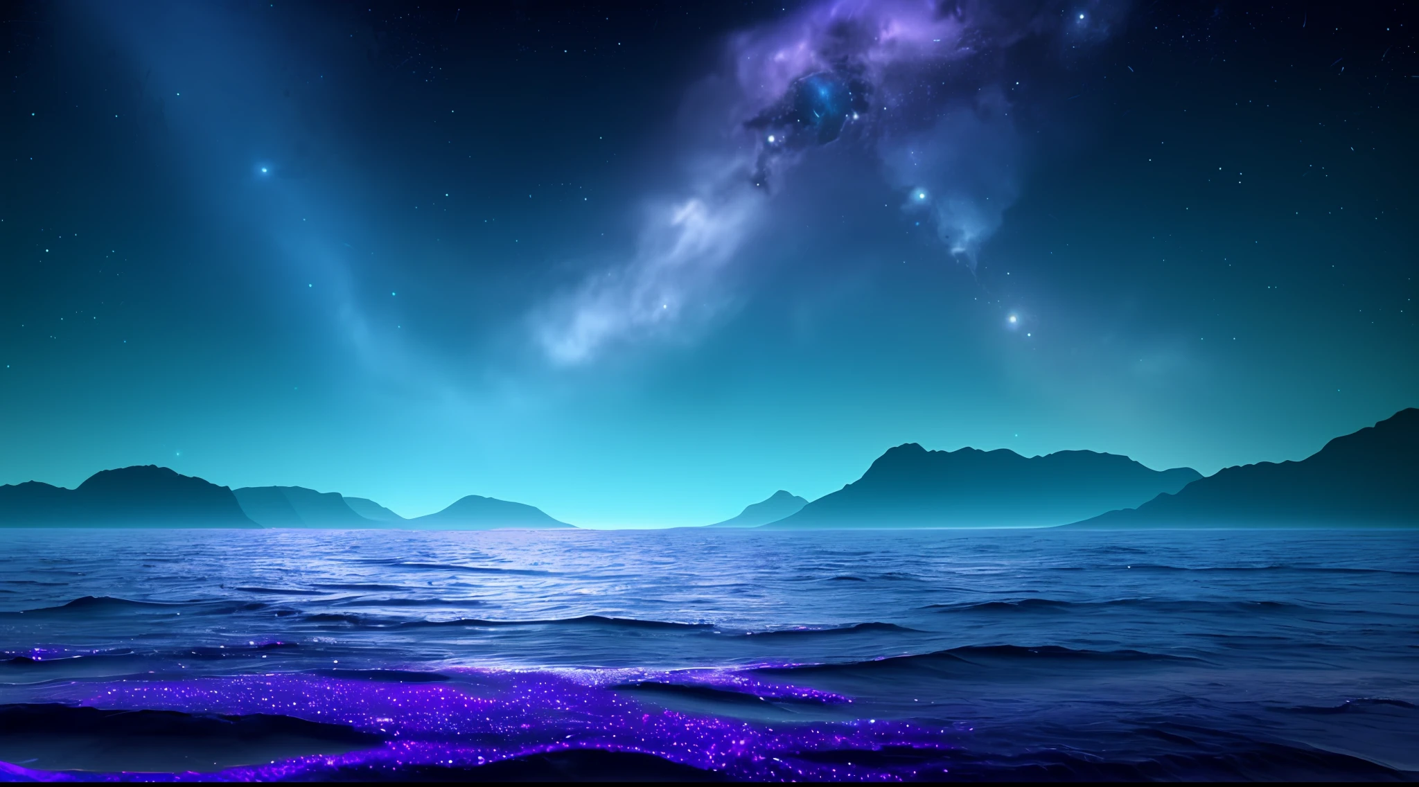 soft waves of (blue ocean) on the alien planet, beautiful transparent water, night, gigantic fish jump from the waves, patches of iridescent plankton in the water, bright and bright water spray, background is deep purple sky dotted with stars, unknown constellations in the sky, (several planets of random color: 1.2), bright horizon, masterpiece, best quality, detailed 4k wallpaper,  award-winning art, Bokeh, depth of field, HDR, flower, chromatic aberration, extremely detailed, trend in artstation, trend in CGsociety, dramatic, planets on the horizon