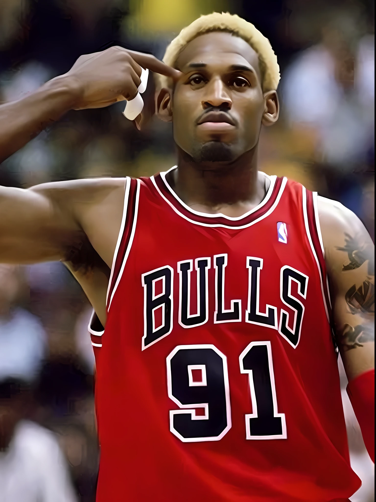 A closeup of a basketball player in a red jersey, wearing an NBA jersey, short horns, horns!, Wayne Barlove, red horns, no horns, big horns, number 91!!!!!, 1991, 1 9 9 1, curved horns!, horns under the cheek, devil's horns, horns on the head, wearing basketball jersey, big horns