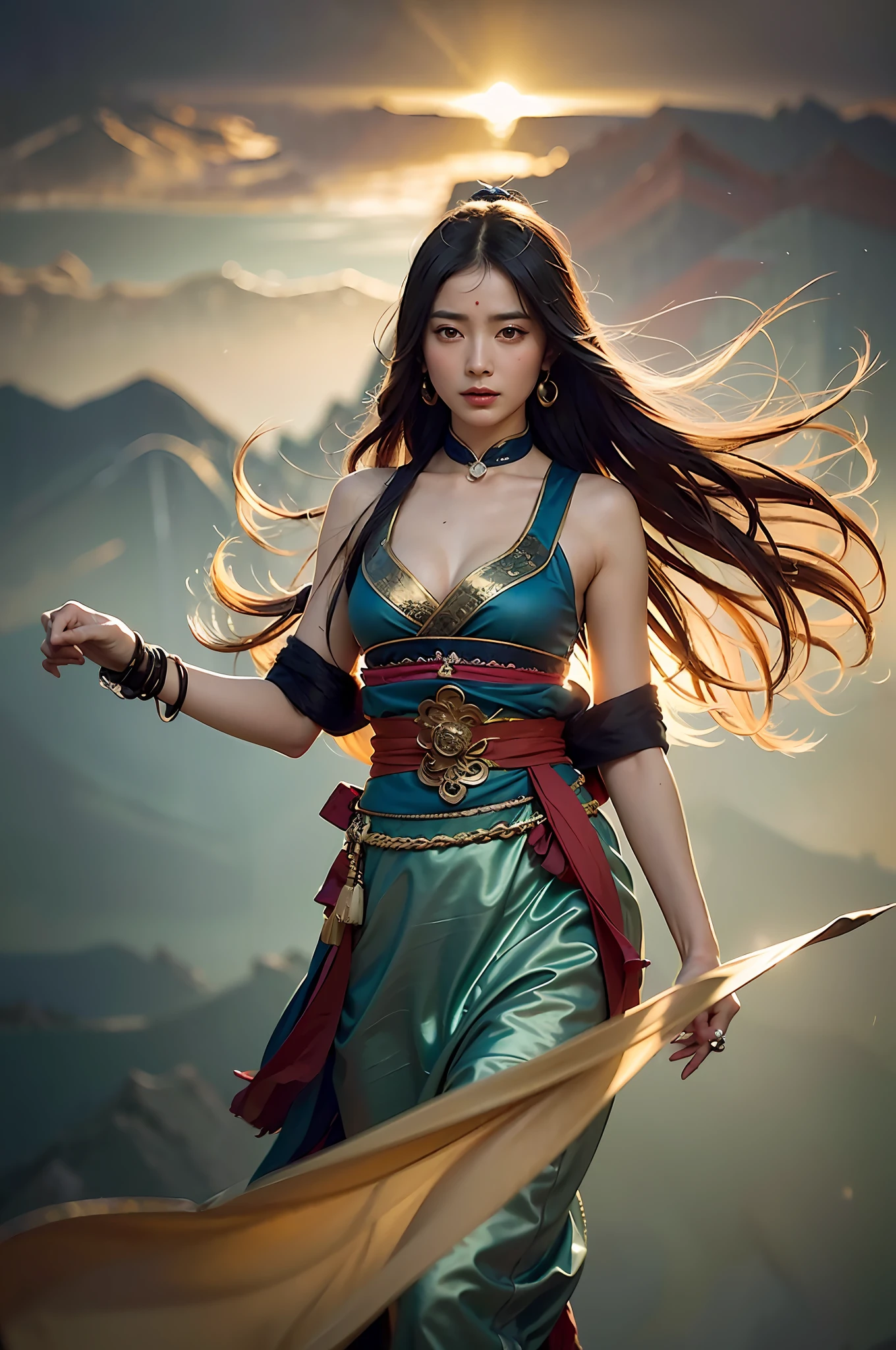 1girl, Dunhuang flying costume, messy long hair, ji jian, Dunhuang style, a lot of smoke, exquisite, elegant colors, (realistic, high detail, masterpiece, super detailed, dynamic angle, mural background, ink, amazing, movie lighting, illustration, chiaroscuro, backlight, divine light, holland, best quality, best quality, dance