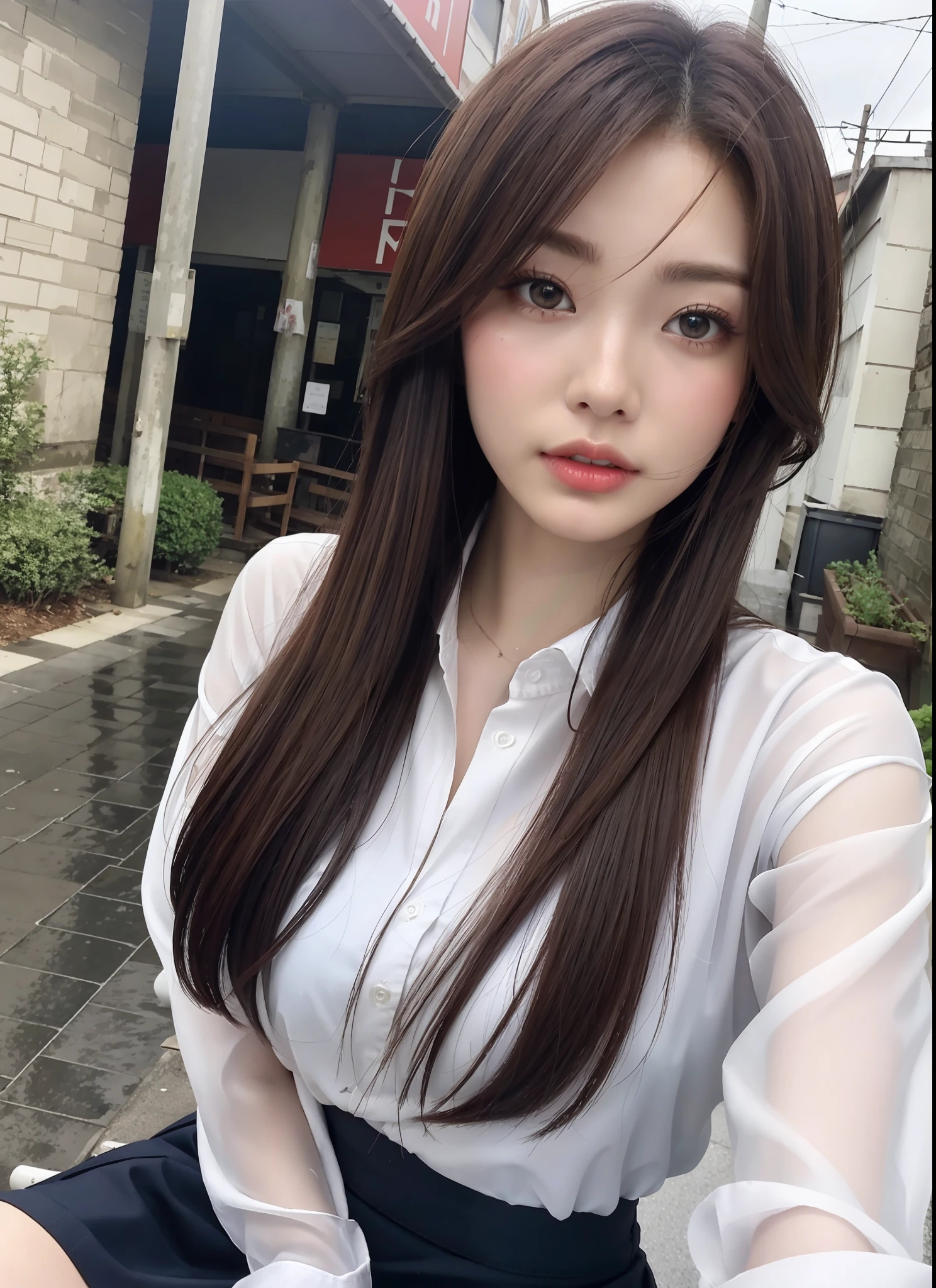 (masterpiece, top quality: 1.3, anime style), 1 girl, nice hands, cowboy shot, upper body, flirting, 18 years old, beautiful hips, brown hair, blue eyes, front layer hairstyle, unbutton, black skirt, white shirt, fair thighs, street corner, heavy rain, wet clothes, wet hair, wet skin, (thud), rainy weather