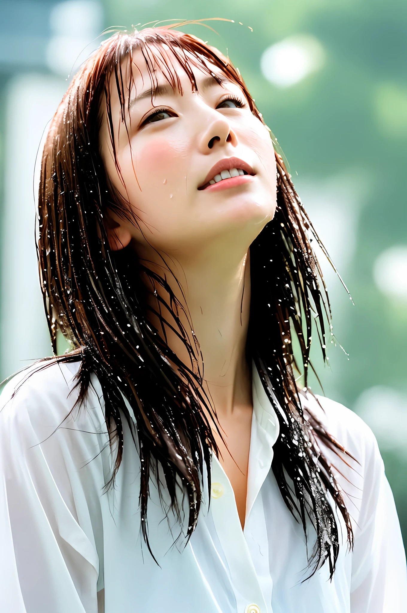 Japan pretty woman, beautiful face, looking up, looking up at the sky, eyes closed, white shirt, unbuttoned, pretty face, natura, wet, thumping, rain, portrait, 50mm, wet skin, wet hair, wet clothes, brown hair