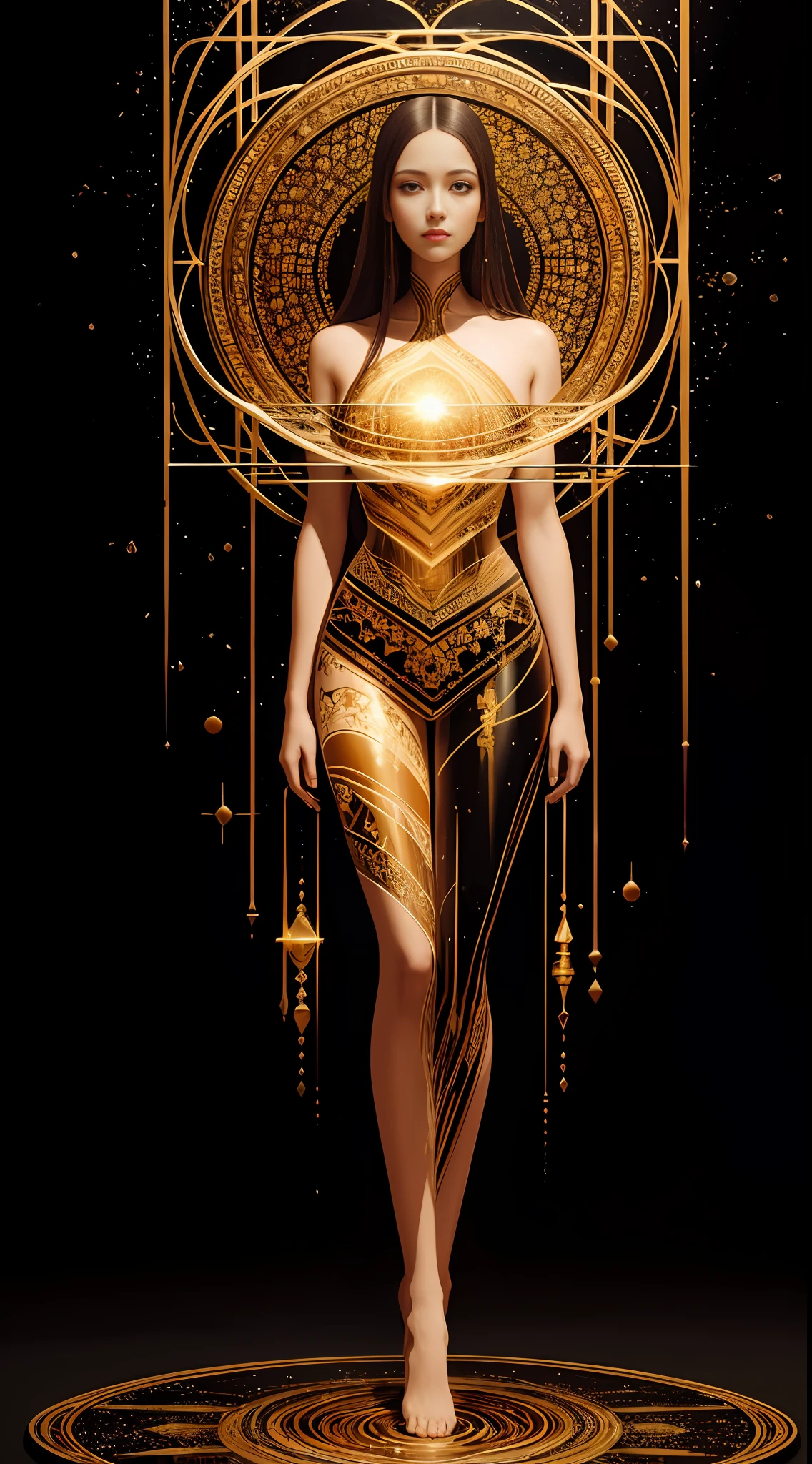 Beautiful symmetrical full body photo painted in oil with thick brushstrokes and wet paint, Fibonacci, golden ratio, melted wax, visible brushstrokes, surrounded by crystal spheres, tessellation 3D wireframe, neural graphic, neurons, beautiful woman, perfect, color, love, passion, oil on canvas, thick brushstrokes, insanely detailed, 8k uhd, masterpiece, artstation, surreal