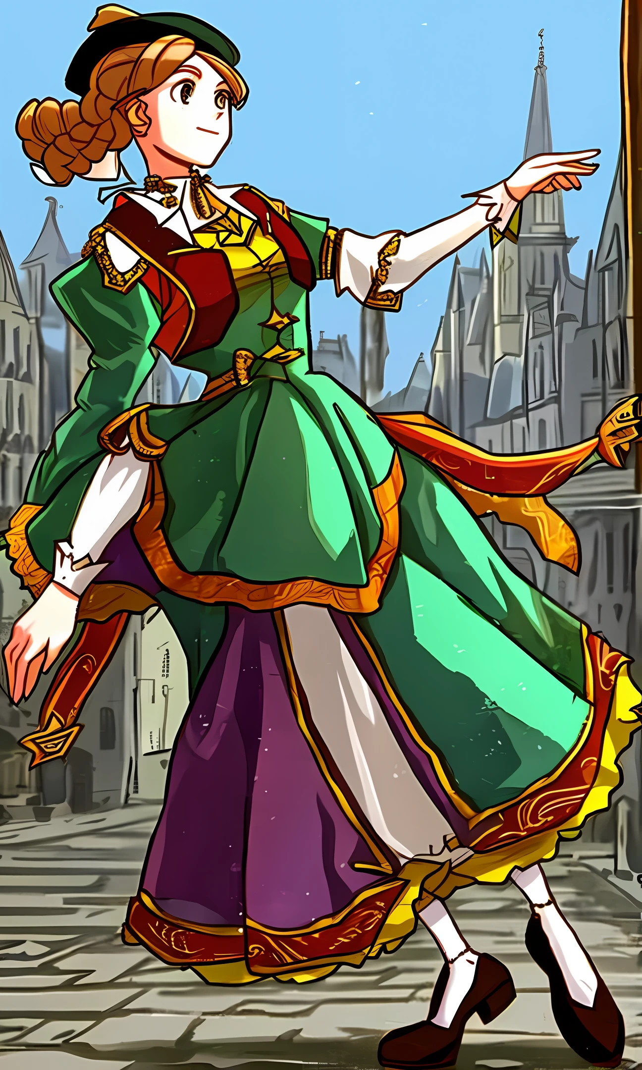 A woman in 18th-century clothes dancing in the streets of a city