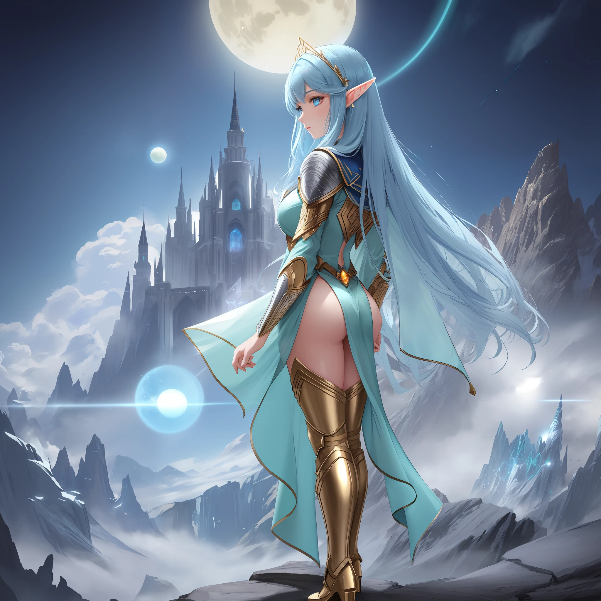 highly detailed color photo, rear angle, full body,close, close, of (female elf, wearing gold and silver costume, clouse-up, neon blue halo, face shield, neon blue light eyes), outdoors, (looking at advanced alien structure, in Middle-earth), toned body, big ass, (fantasy), (mountains: 1.1), (lush green vegetation), (3 moons in the sky: 0.8), (highly detailed, hyperdetailed, intricate), (lens flare:0.7), (bloom:0.7), particle effects, raytracing, diffuse cinematic lighting