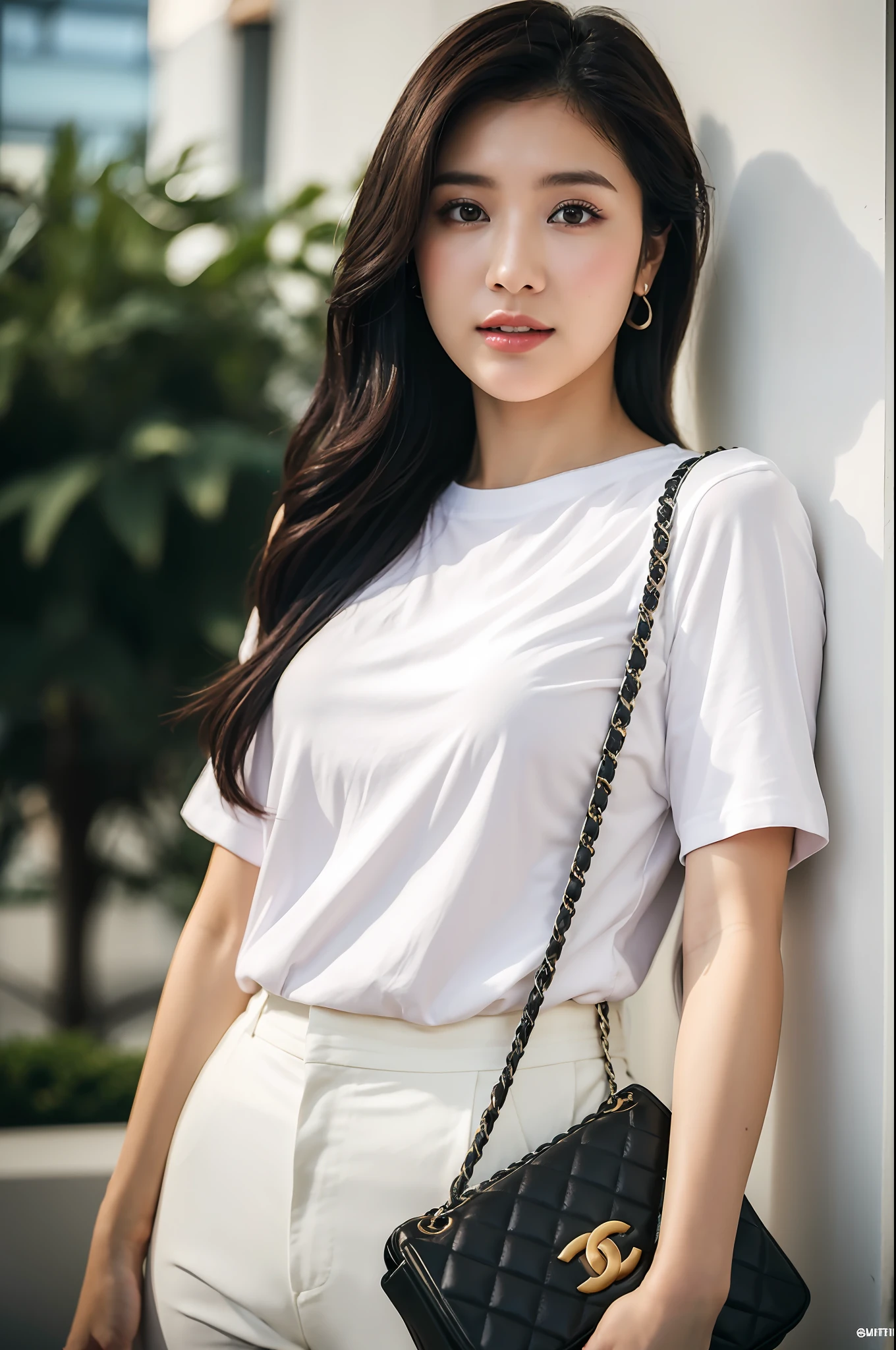 18-year-old woman, young and beautiful woman, random background, (random short sleeves) (small Chanel bag on the right shoulder), RAW photo, (realism: 1.37, realistic), high definition CG Unity 8K wallpaper, one girl, huge breasts, a little chubby, when the viewer sees ((straight from the front))), (HQ skin: 1.2, shiny skin), 8K UHD, DSLR, Soft lighting, high quality, film grain, Fujifilm XT3, ((Dynamic Pose: 1.2))((Full body: 0.6)), Enya Geraldine