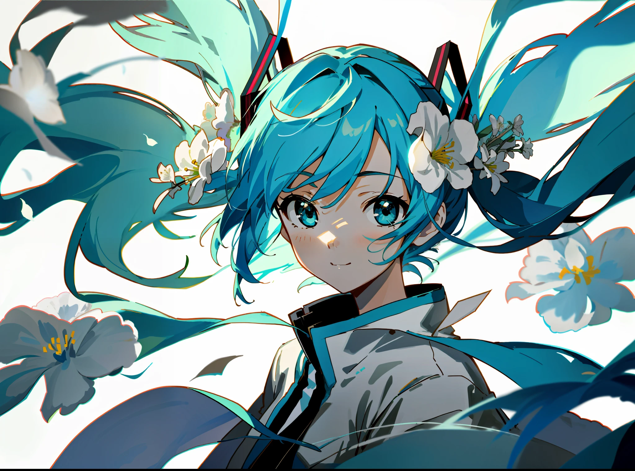 Cheers to the camera, happy, cheerful, delicate face, delicate hair, hatsune miku, flappy white flowers, punk jacket, flowing simple background, dramatic light, dramatic shadow, ray tracing
