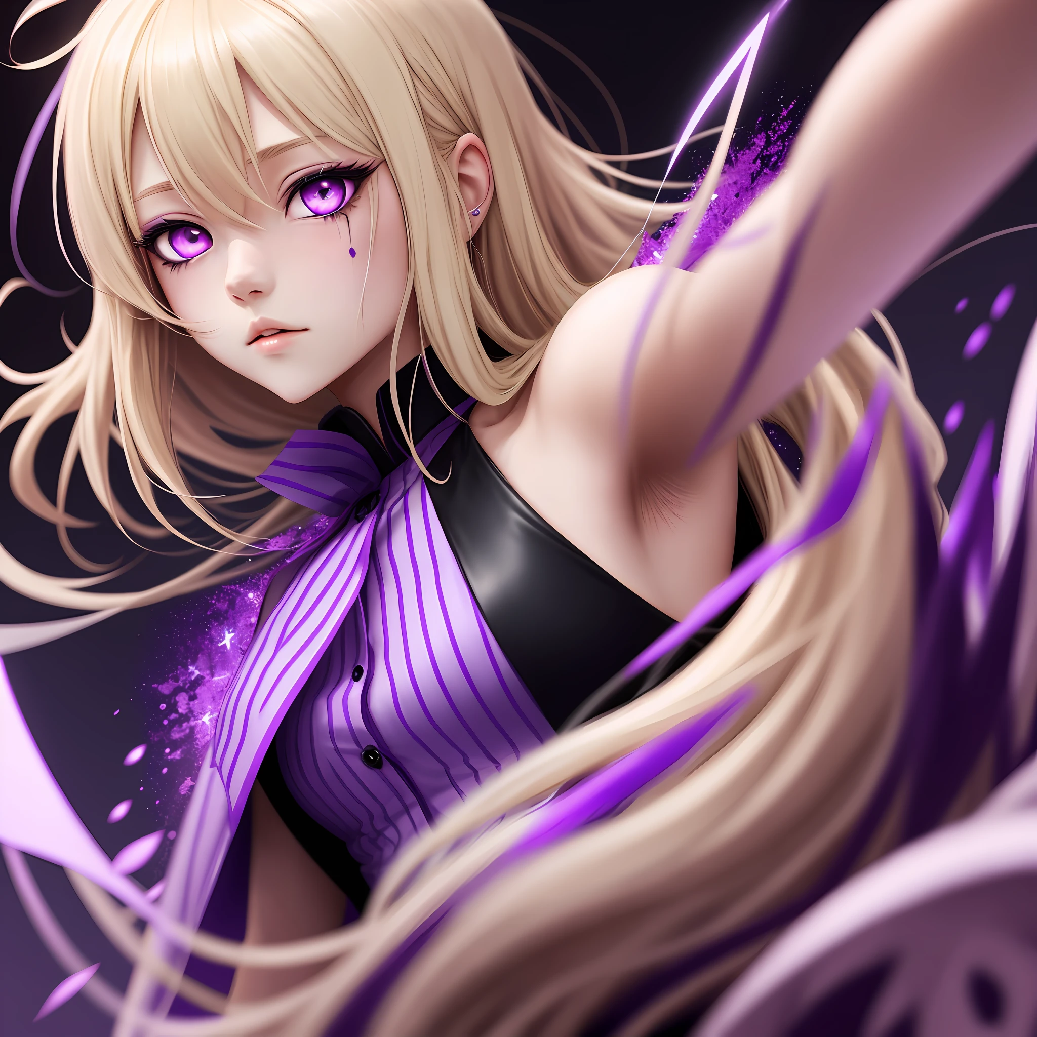 2s anime style light blonde haired girl with violet eyes bleeding purple glitter