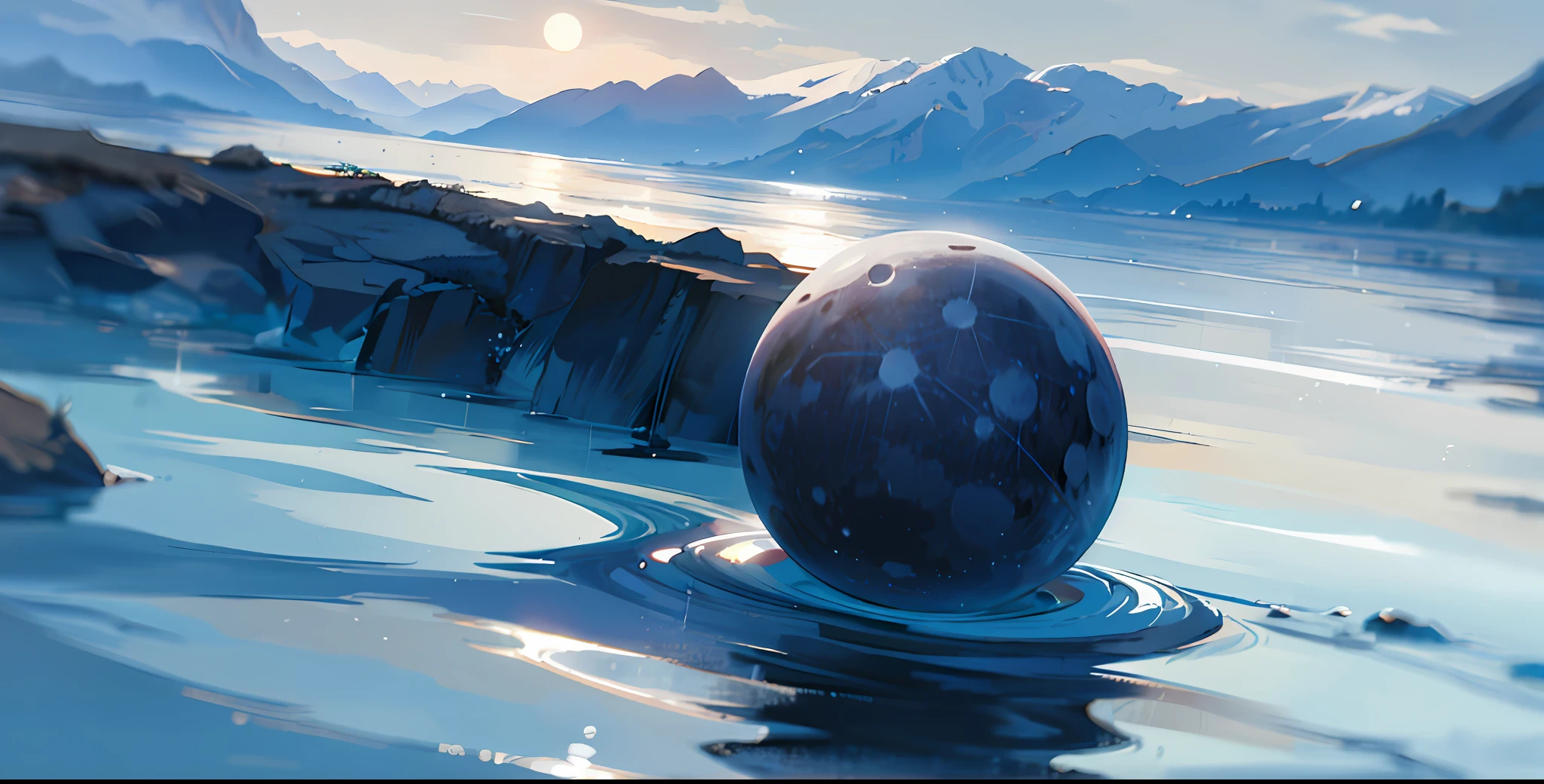 mysterious moon, reflection, wet space, no human, landscape, vanishing point, from below, masterpiece, best quality, 8k, absurdity, water surface, summer, noon, sunlight, blue sky, perspective, depth of field, high resolution, detail, ultra detail, sharp focus