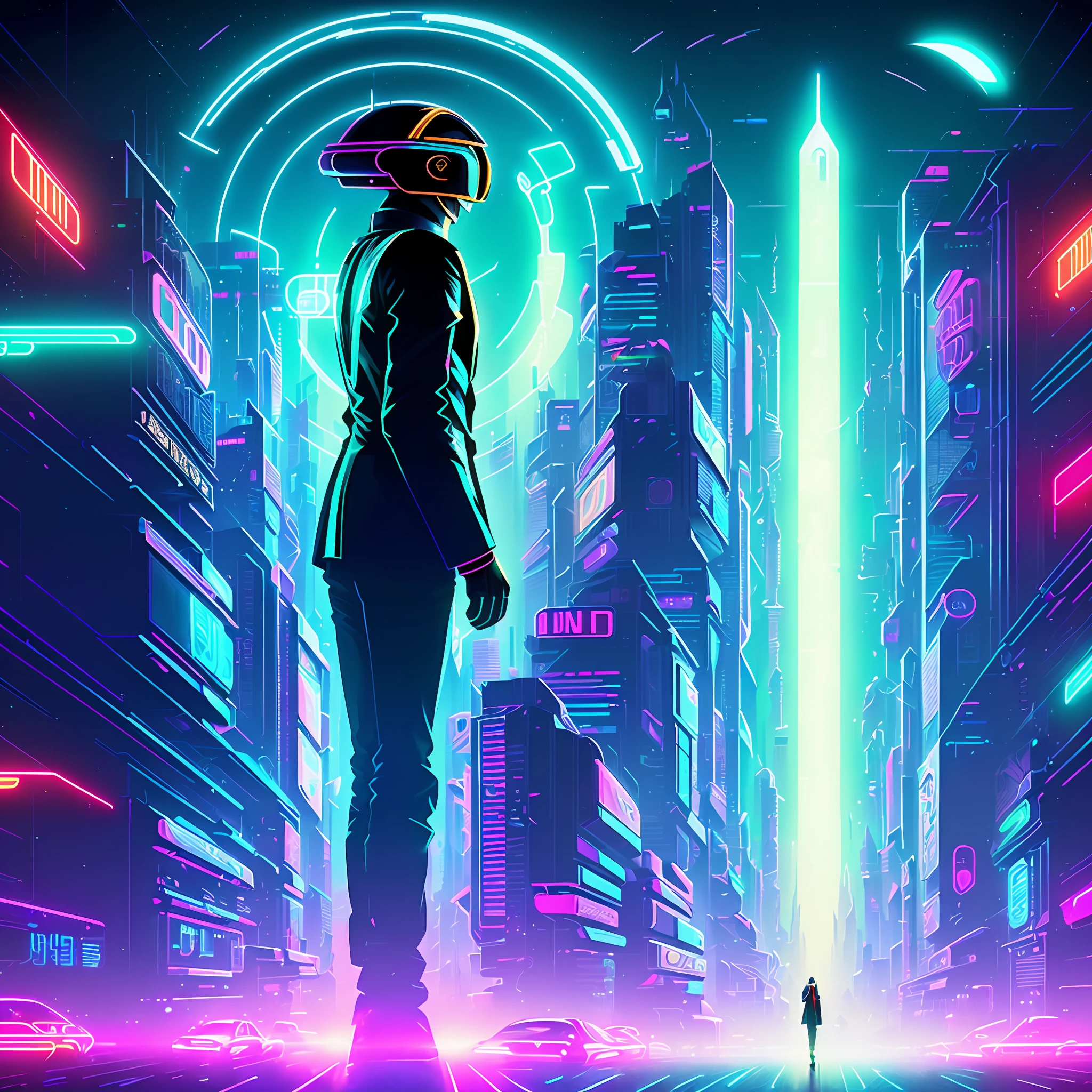 a person standing in front of a wall of neon-lit text, inside an elven city, concept art, by Emiliano Ponzi, by Chris Ware, criteria collection, concept art, dystopian, science fiction, ((8k, high resolution, ultra detailed)), (((sharp lines))), (((perfectly round cutout in the middle of the screen))) (((futuristic daftpunk style)))