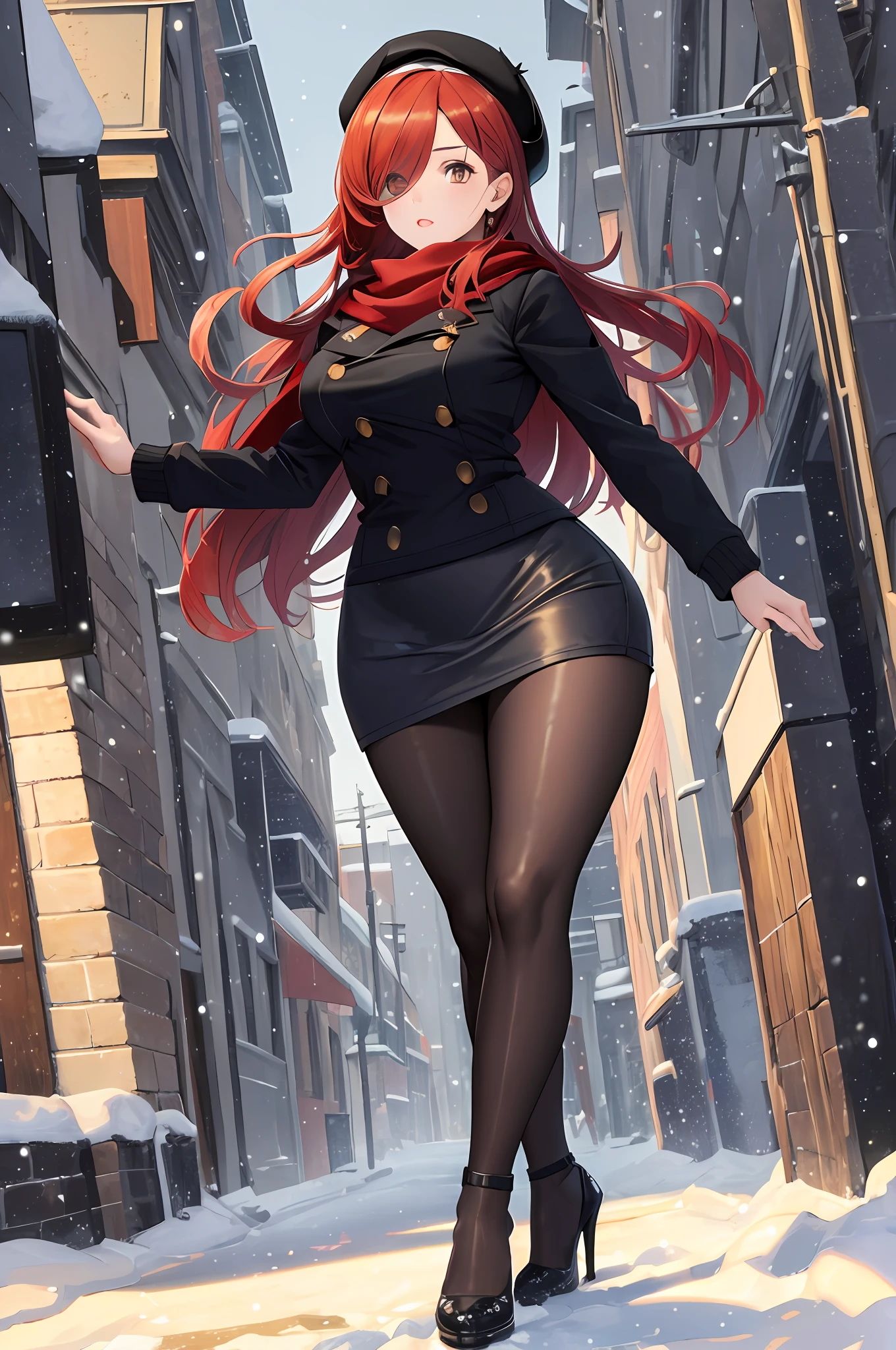 ((masterpiece, high quality, best quality, highres, ultra-detailed, 8k:1.4)), parasoul, 1girl, solo, breasts, long leg，((winter clothes, beret, scarf, sweater, trench coat, high heels, skirt, pantyhose,)), hair over one eye, lips, lipstick, necklace, inverted cross, yellow eyes, detailed eyes, perfect eyes, large eyelashes, depth of field, winter background, backlighting, full body, multiple lights, cinematic light, volumetric light, curvy,  wide hips, posing, dynamic angle, vibrant color, vivid colors, extremely detailed, material effects,