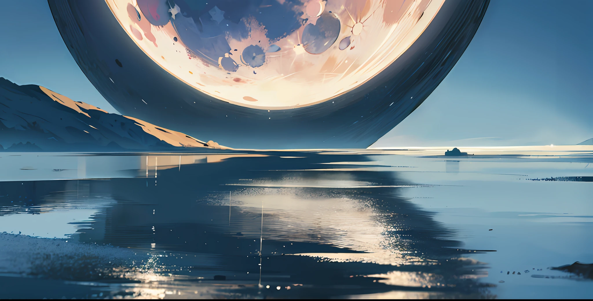 mysterious moon, reflection, wet space, no human, landscape, vanishing point, from below, masterpiece, best quality, 8k, absurdity, water surface, summer, noon, sunlight, blue sky, perspective, depth of field, high resolution, detail, ultra detail, sharp focus