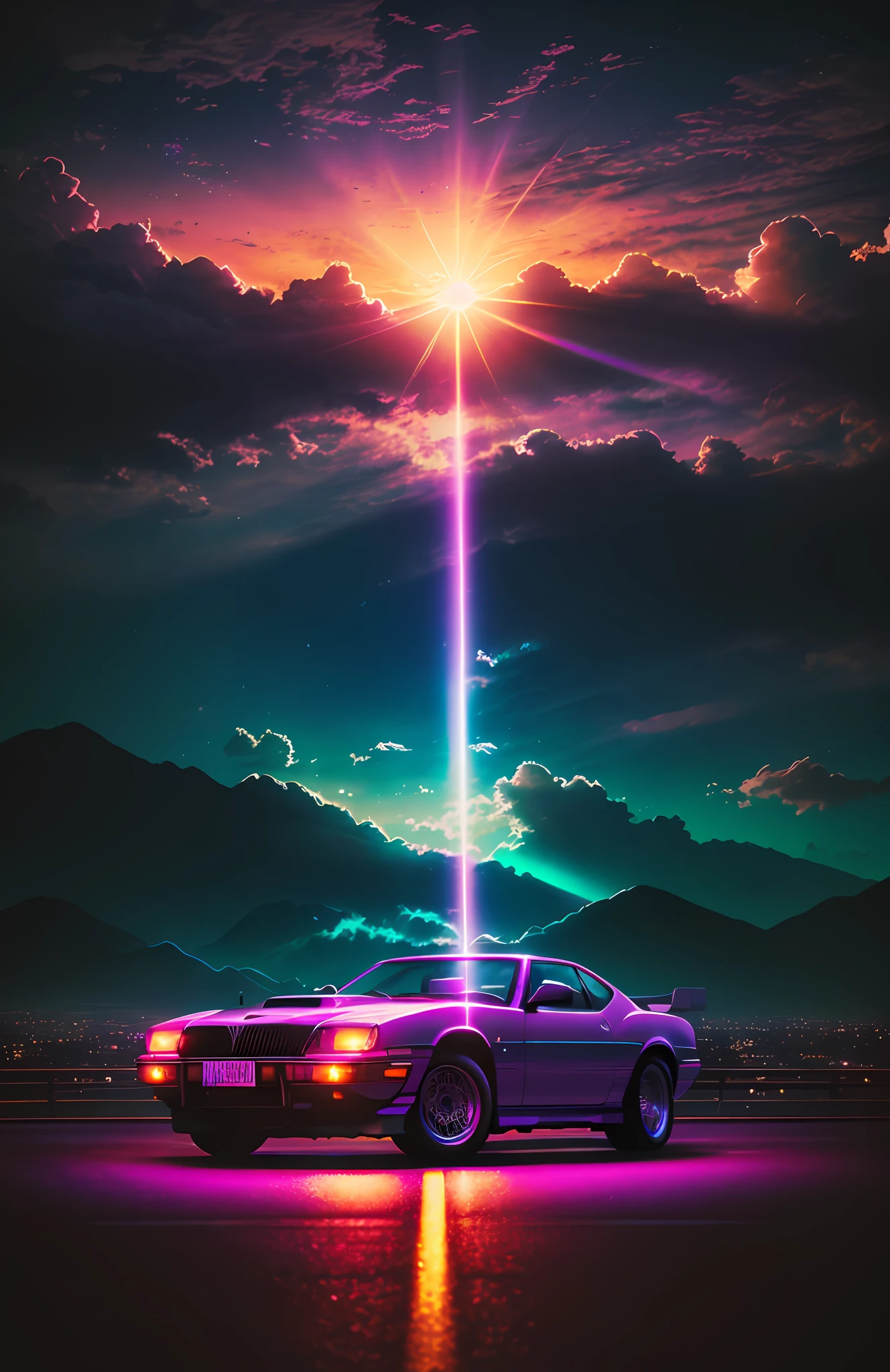 retrowave. city, car, road, purple neon lights, sun, mountain, (masterpiece, detailed, highres), (Luis Royo:1.2), (Yoshitaka Amano:1.1), moonlit night, soft colors, (detailed cloud landscape:1.3), (high resolution:1.2), masterpiece, best quality, high quality, high definition, high quality texture, high quality shadow, high detail, beautiful detailed, finely detailed, extremely detailed cg, detailed texture, colorful, delicate, cinematic light, side lighting, Lens Flare, Ray tracing, sharp focus,