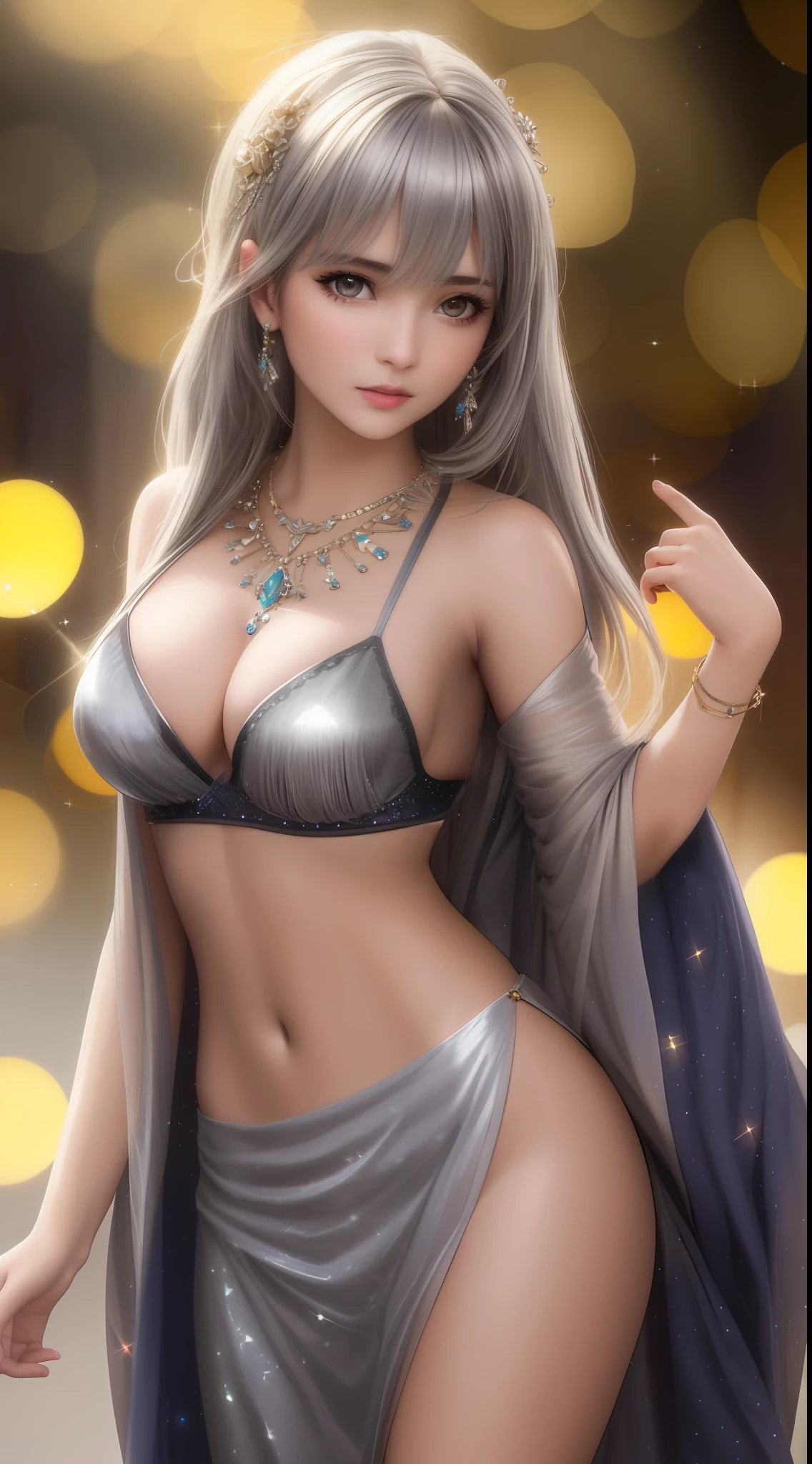 Best Quality, Masterpiece, High Resolution, 1girl, Hair Ornament, Necklace, Jewelry, Pretty Face, Over Body, Tyndall Effect, Photo Realistic, Dark Studio, Rim Lighting, Two Tone Lighting, (High Detailed Skin: 1.2), 8k uhd, dslr , soft lighting, high quality, volumetric lighting, candid, Photography, high resolution, 4k, 8k, Bokeh, medium breasts, open fingers, (hair color: silver: 1)