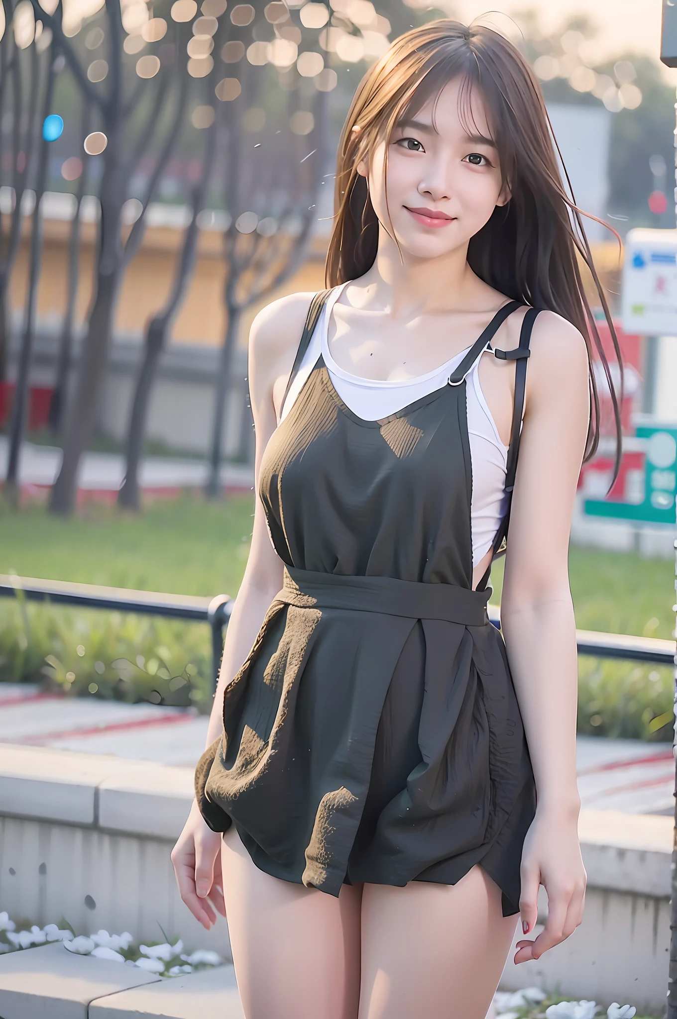 mix4, (8k, RAW images, best quality, masterpieces: 1.2), (realistic, realistic images: 1.37) ,1 girl, cute, high school student, rain, wet, professional lighting, photon mapping, radiosity, physically based display, full body, big breasts, green suspender crop top