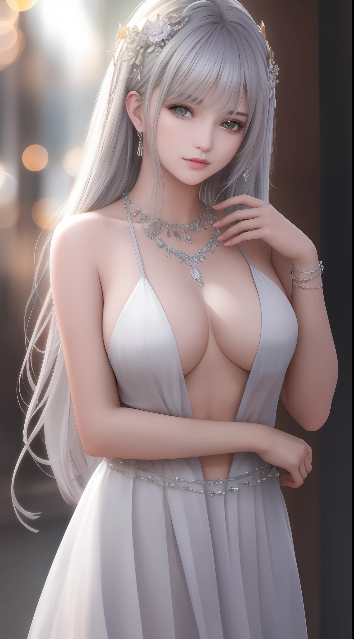 Best Quality, Masterpiece, High Resolution, 1girl, Hair Ornament, Necklace, Jewelry, Pretty Face, Over Body, Tyndall Effect, Photo Realistic, Dark Studio, Rim Lighting, Two Tone Lighting, (High Detailed Skin: 1.2), 8k uhd, dslr , soft lighting, high quality, volumetric lighting, candid, Photography, high resolution, 4k, 8k, Bokeh, medium breasts, open fingers, (hair color: silver: 1)