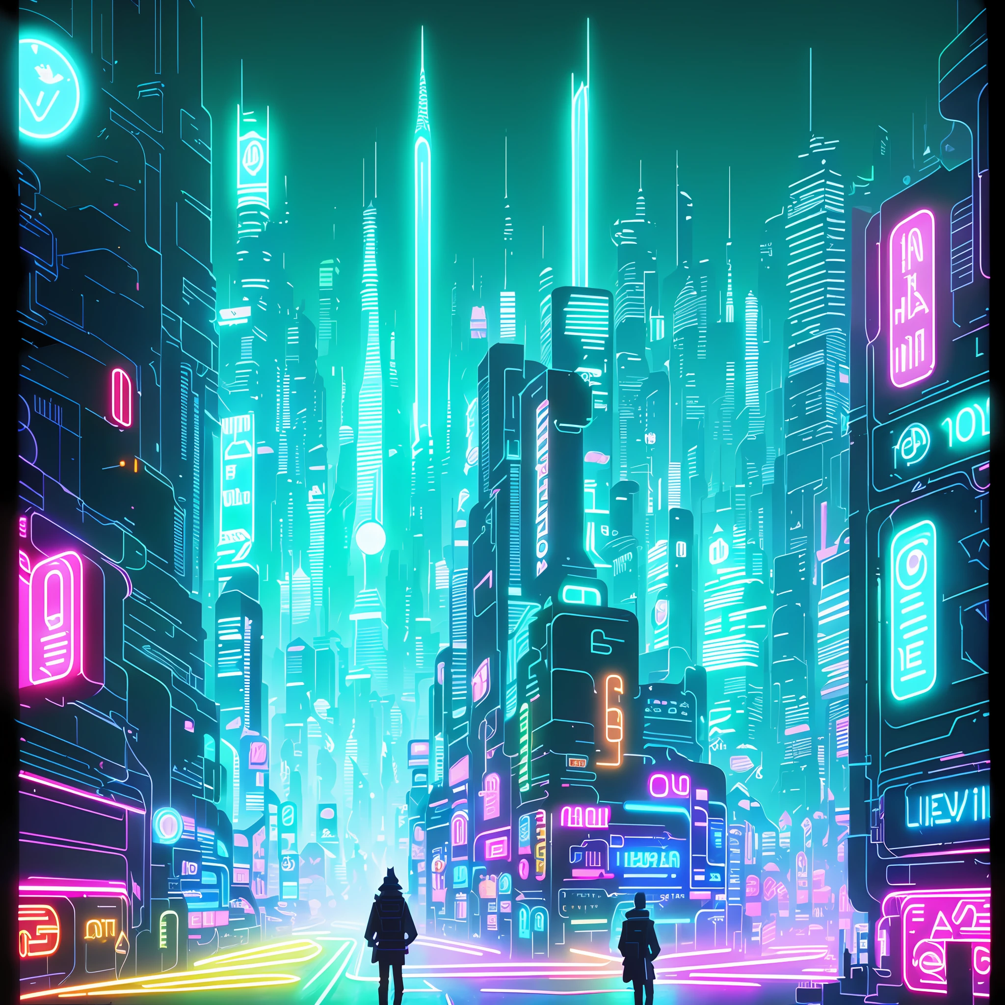 a cat standing in front of a wall of neon-lit text, inside an elven city, concept art, by Emiliano Ponzi, by Chris Ware, criteria collection, concept art, dystopian, science fiction, ((8k, high resolution, ultra detailed)), (((sharp lines))), (((perfectly round cutout in the middle of the screen))) futuristic neon, man with futuristic mask, walking