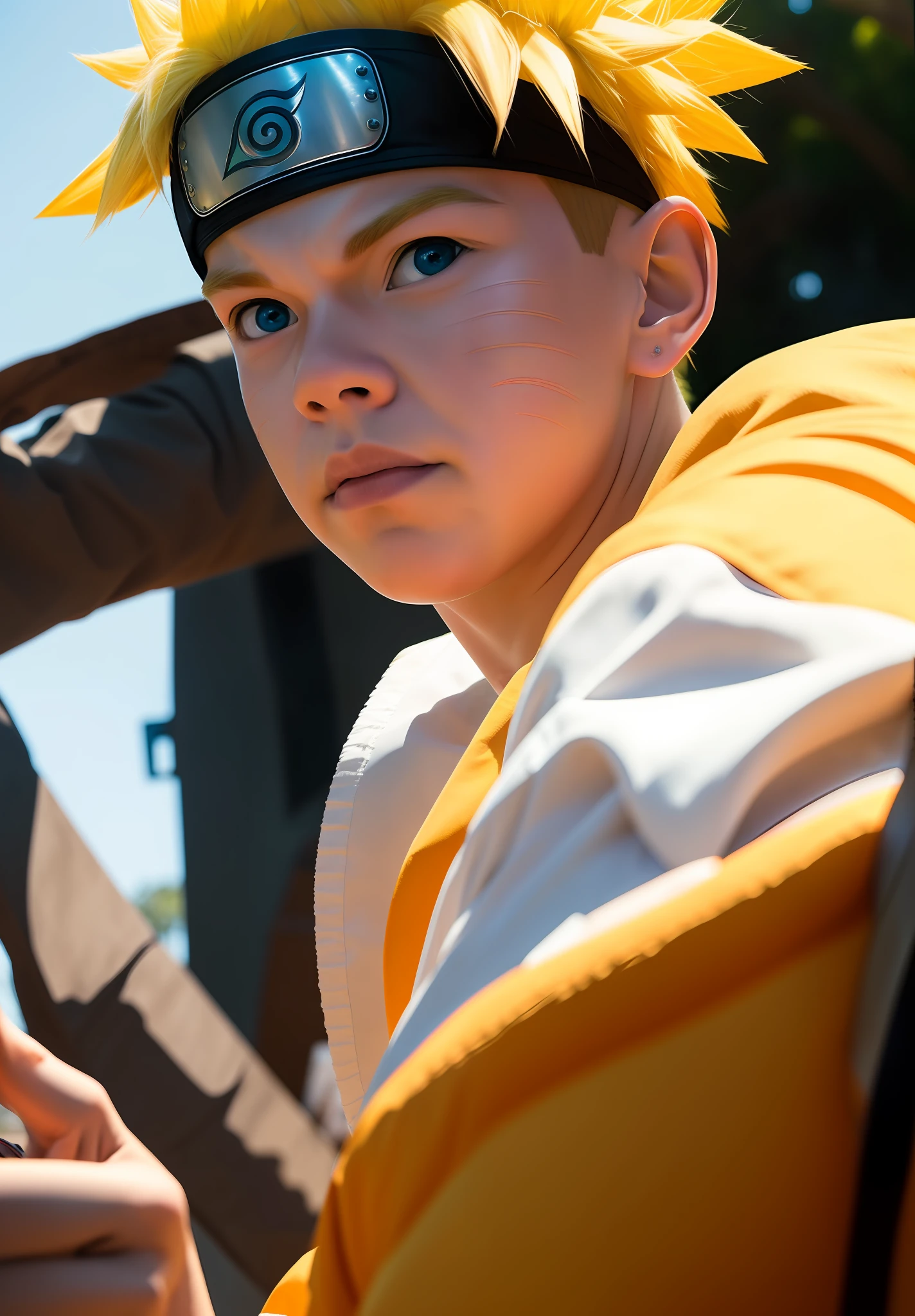 Will Poulter as uzumaki naruto, 1boy, masterpiece, best quality,upper body,portrait, looking at viewer,close up, white shirt, sunshine, novel illustration,blurry foreground, ((cheek whiskers)), Naruto cheek tatto, Naruto cheek sign
