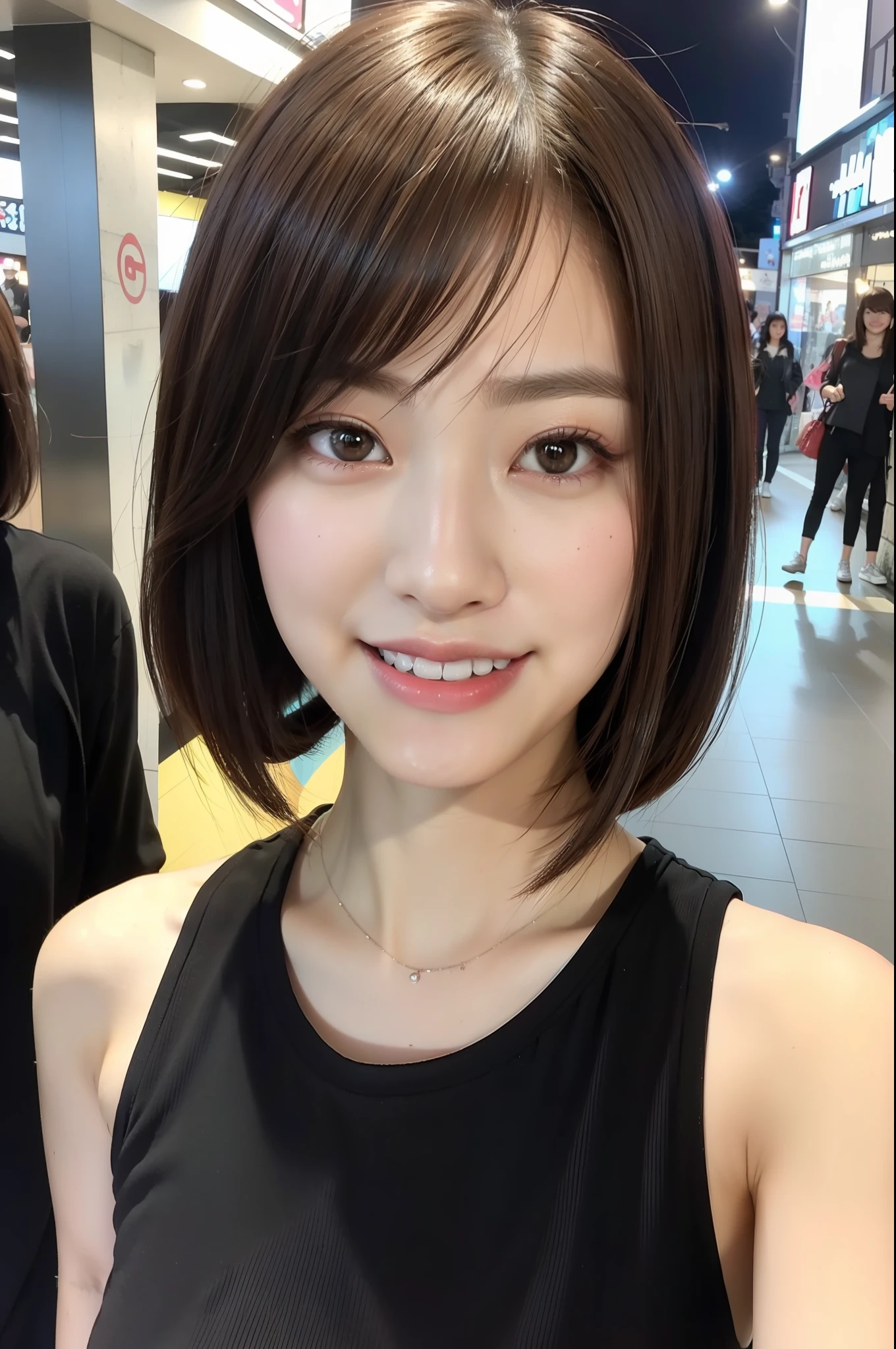 (RAW Photos: 1.2), (Photorealistic: 1.4), (Masterpiece: 1.3), (Best Quality: 1.4), Ultra High Resolution, (Detailed Eye Features), (Detailed Facial Features), (Detailed Clothing Features), HDR, 8k Resolution, Solo Focus, Bangs, Skin Tight, (Glossy Skin), (Slender Beautiful Girl), Fantastic, (Ultra Detailed Illustration), Check Commentary, Commentary request, Shibuya, Pedestrian Street, VirtualGirl-Rin, Small, Bob hair, Short hair, Brown hair, Brown hair, 1 girl, 18 years old, Cosplay, Hatsune Miku, Happiness, Smile,