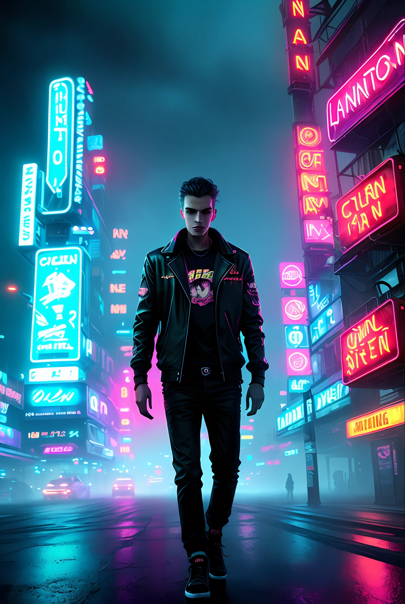 Young smoker, scenery background with neon signs, neon lights, neo noir, noir, smoke, cigarette, foggy background, realistic, stylish, rutkowski, hdr, intricate details, hyperdetailed, cinematic, rim light, asphalt post rain, dark sky, dark atmosphere, dark city, night (((futuristic neon))) (((futuristic technology)))