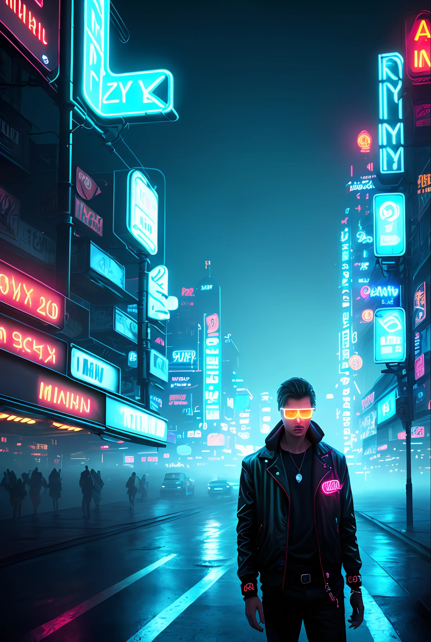 Young smoker, scenery background with neon signs, neon lights, neo noir, noir, smoke, cigarette, foggy background, realistic, stylish, rutkowski, hdr, intricate details, hyperdetailed, cinematic, rim light, asphalt post rain, dark sky, dark atmosphere, dark city, night (((futuristic neon))) (((futuristic technology)))