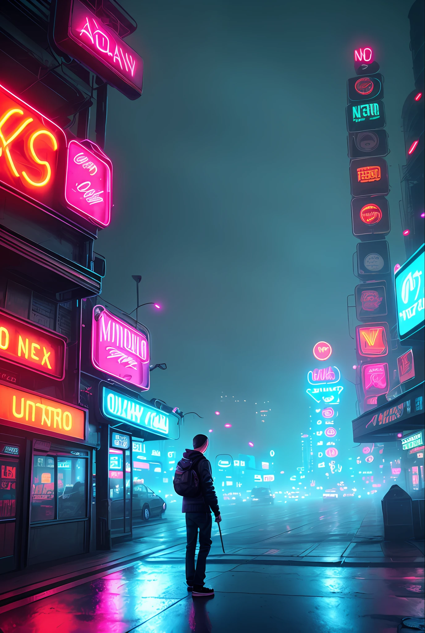 Young smoker, scenery background with neon signs, neon lights, neo noir, noir, smoke, cigarette, foggy background, realistic, stylish, rutkowski, hdr, intricate details, hyperdetailed, cinematic, rim light, asphalt post rain, dark sky, dark atmosphere, dark city, night (((futuristic neon))) (((futuristic technology)))