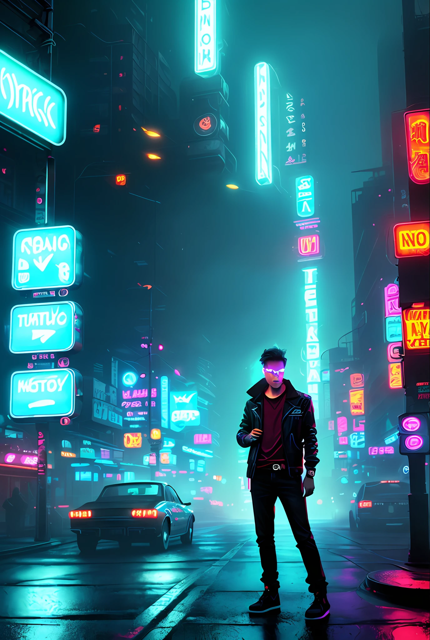 Young smoker, scenery background with neon signs, neon lights, neo noir, noir, smoke, cigarette, foggy background, realistic, stylish, rutkowski, hdr, intricate details, hyperdetailed, cinematic, rim light, asphalt post rain, dark sky, dark atmosphere, dark city, night (((futuristic neon))) (((futuristic technology)))